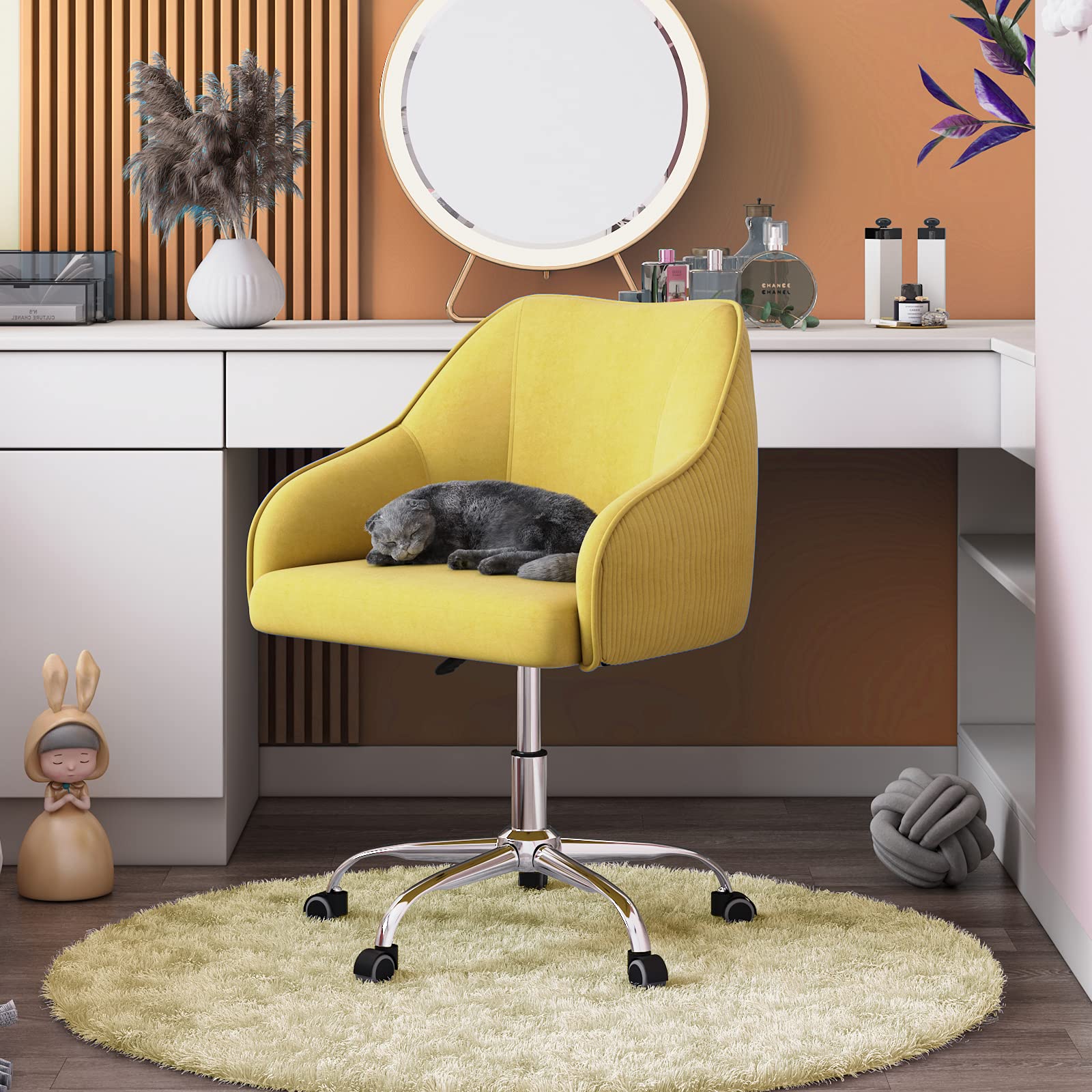 Cute Velvet Swivel Desk Chair with Wheels & Arms - Comfy Home Office Chair for Teen Girls & Kids, Perfect for Study, Makeup Vanity, Bedroom & Living Room