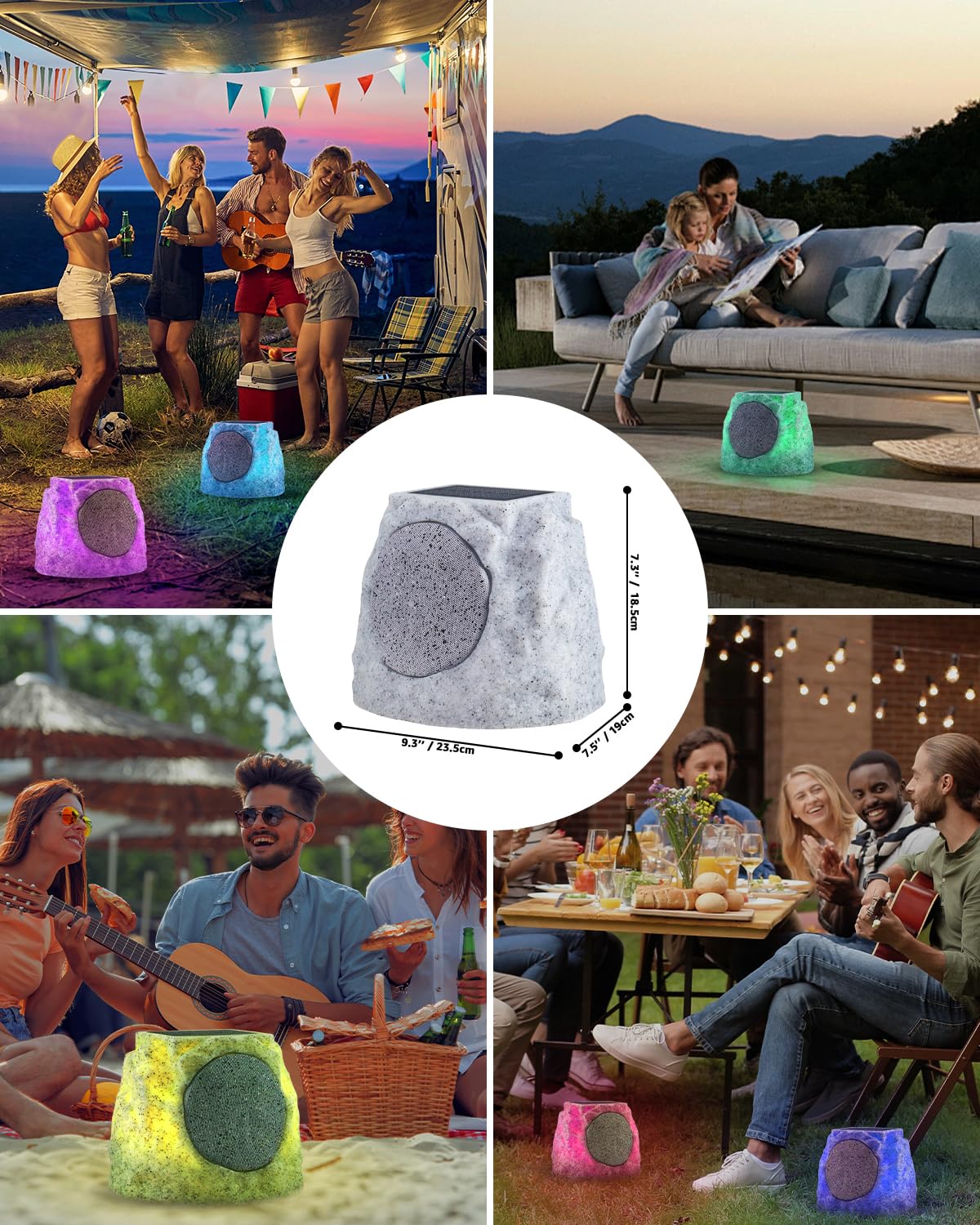 Outdoor Bluetooth Rock Speakers - Solar Powered, Waterproof, Wireless with RGB Lights & TWS Pairing - All Weather Resistant for Patio, Deck, Pool, Garden, BBQ (2-Pack) - Perfect for Outdoor Parties, Camping, and Backyard Entertainment