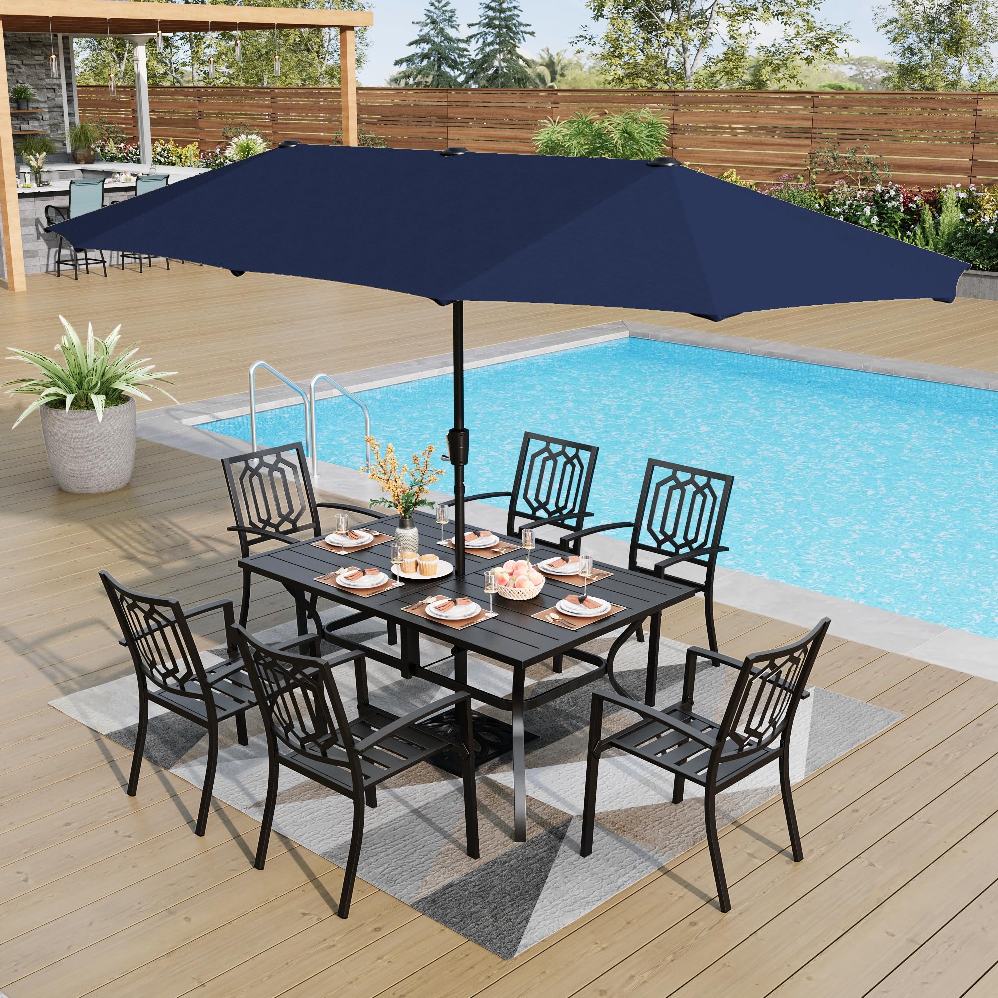 PHI VILLA 8-Piece Outdoor Patio Dining Set with 13ft Double-Sided Umbrella (Navy Blue) - 6 Stackable Metal Chairs & 60
