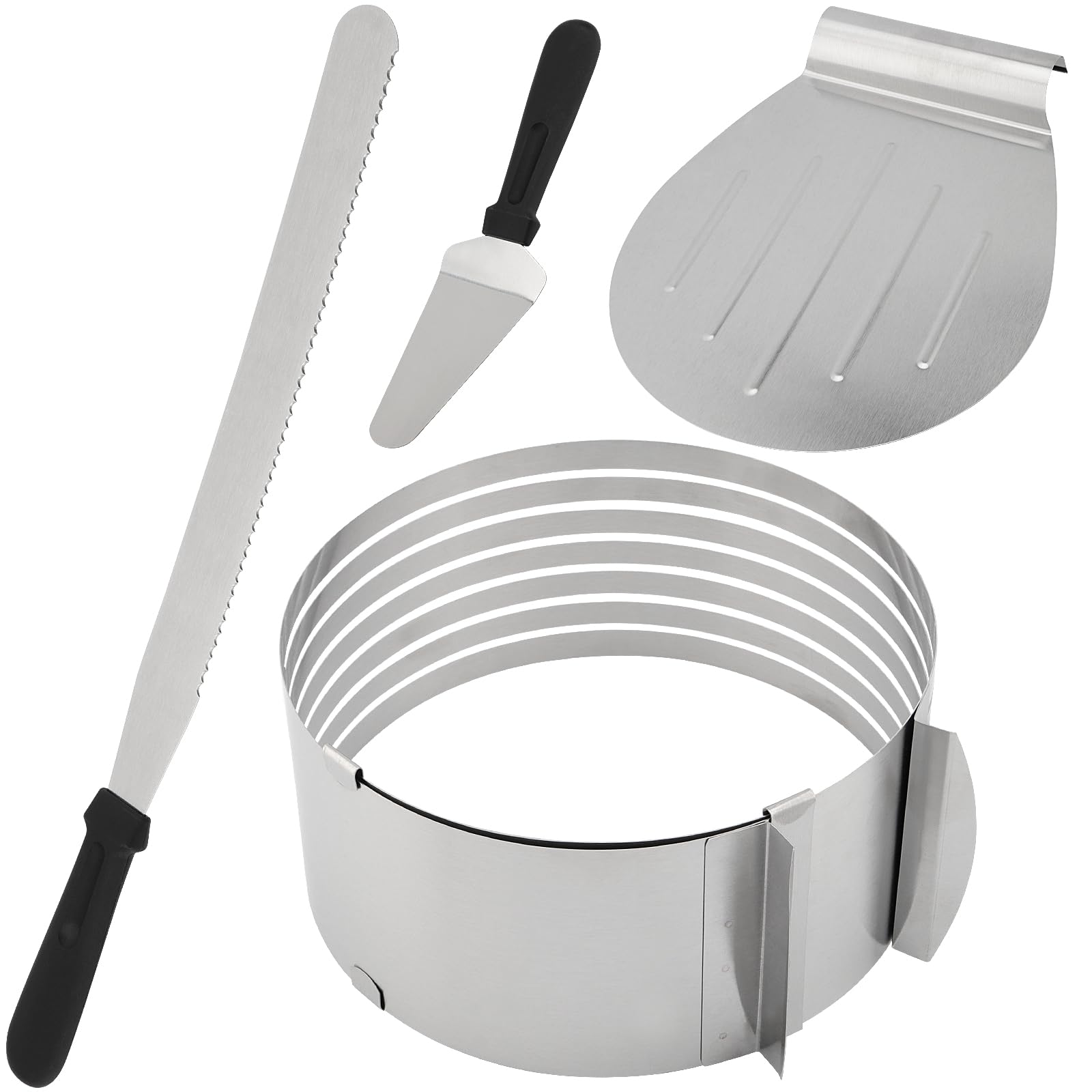 4-Piece Professional Cake Decorating Kit - Adjustable 6-12 Inch Cake Leveler, Stainless Steel Ring Mold, Cake Lifter & Serrated Knife for Perfect Layer Cakes | Ideal for Birthday, Wedding & Bakery Use