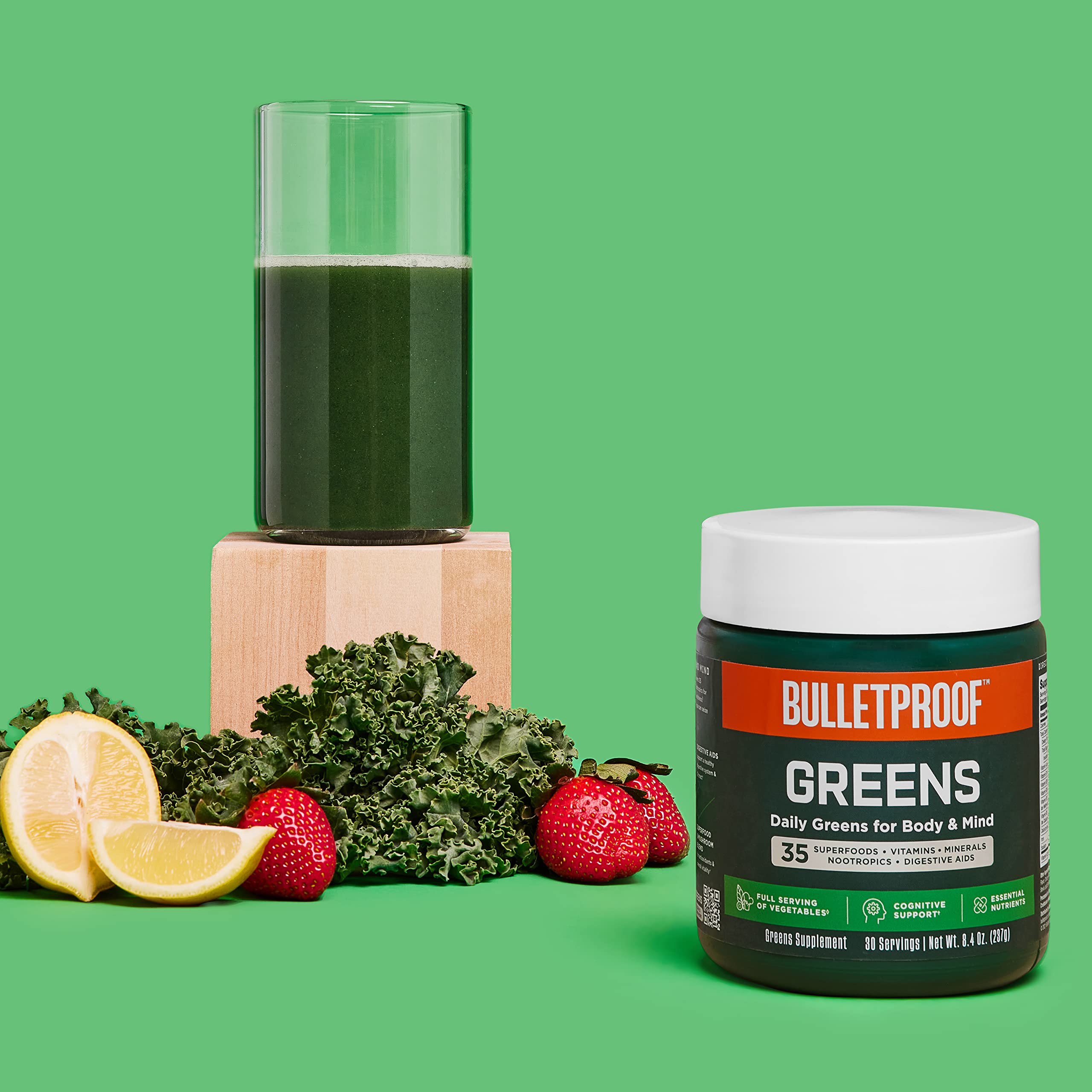Bulletproof Greens Superfood Powder - 8.4oz (35 Superfoods & 15 Single-Serve Packets) for Daily Wellness, Energy & Immunity Boost - Perfect for Smoothies, Juices & On-the-Go Nutrition