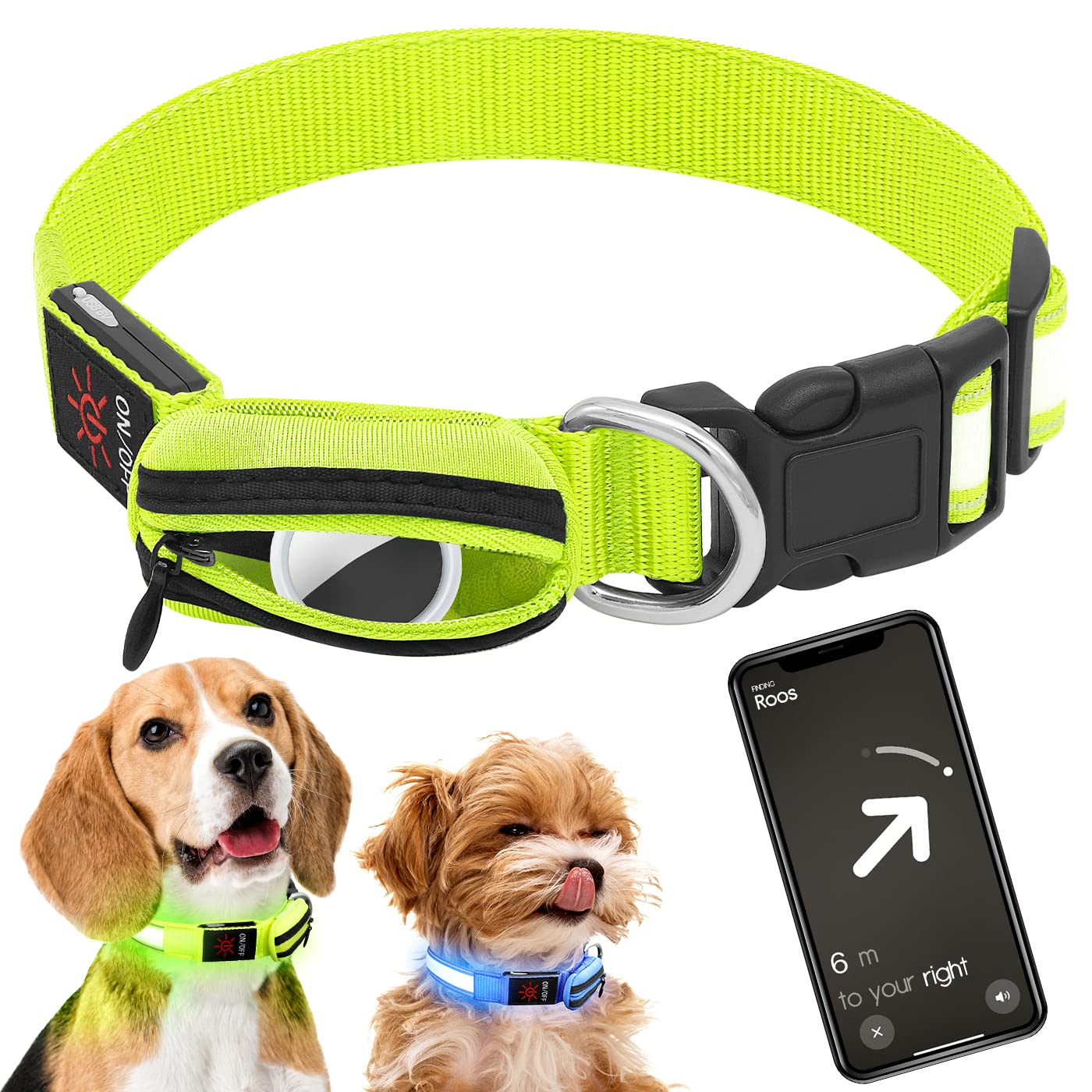 **KOSKILL LED Dog Collar with Light Up AirTag Holder - USB Rechargeable, Adjustable Glow in The Dark Safety Collar for Medium & Large Dogs - Perfect for Night Walking, Jogging & Outdoor Adventures**
