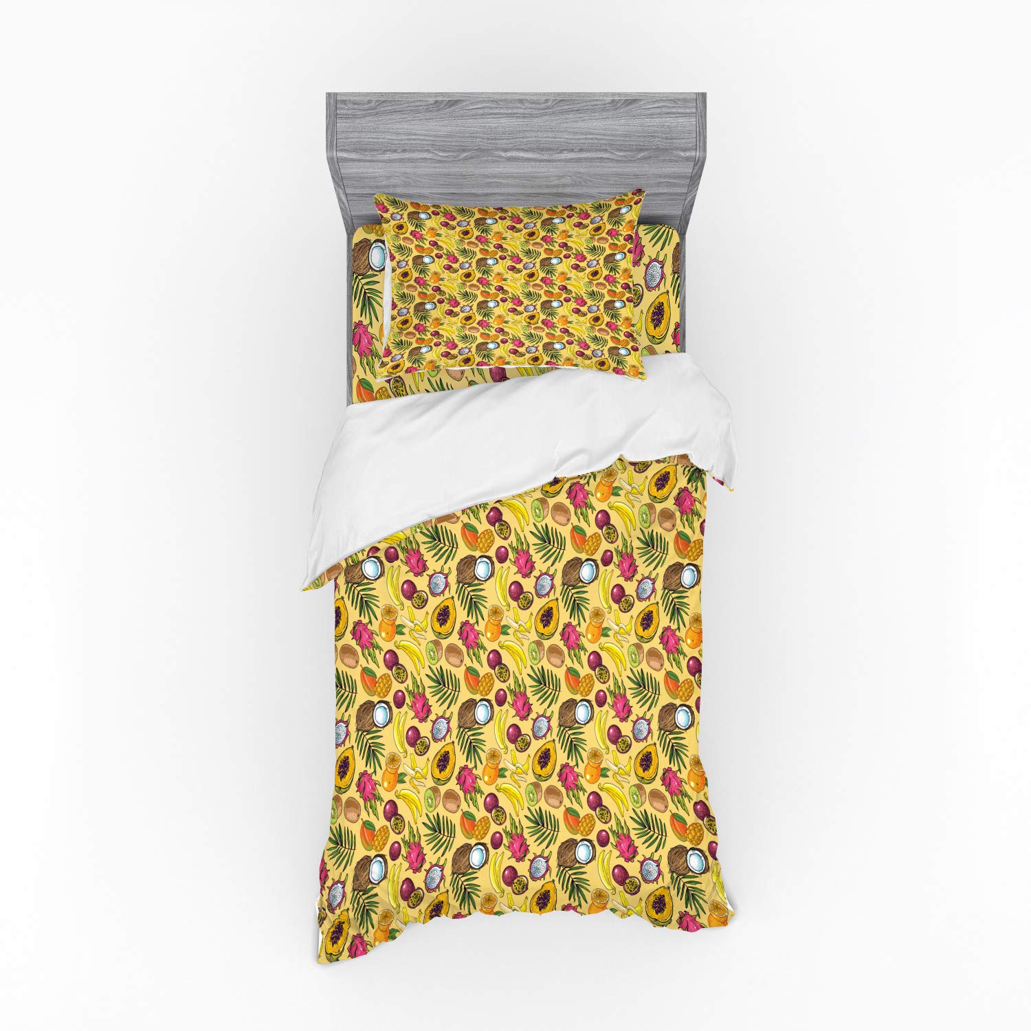 Ambesonne Tropical Fruit Bedding Set - 3 Piece Duvet Cover with Sham & Fitted Sheet, Twin Size, Vibrant Kiwi Mango Papaya Coconut Print - Perfect for Summer Decor, Kids Room & Beach House Style