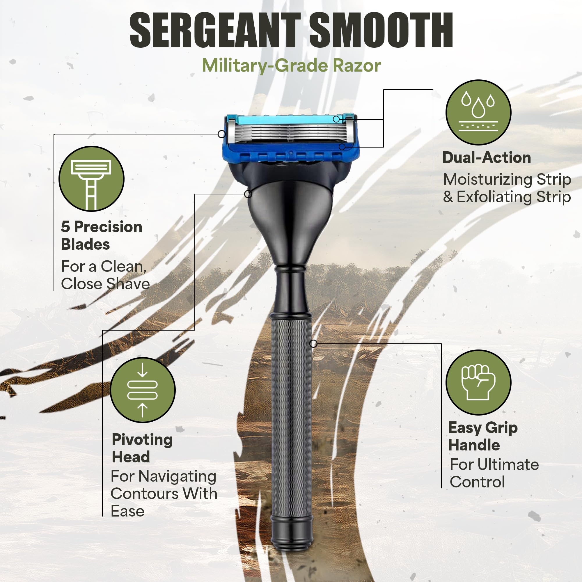 Duty & Dapper Sergeant Smooth 5-Blade Razor with Lubricating & Exfoliating Strips - Military Grade Men's Shaving Razor for Smooth, Comfortable Shave - Ideal for Travel, Gym & Everyday Grooming