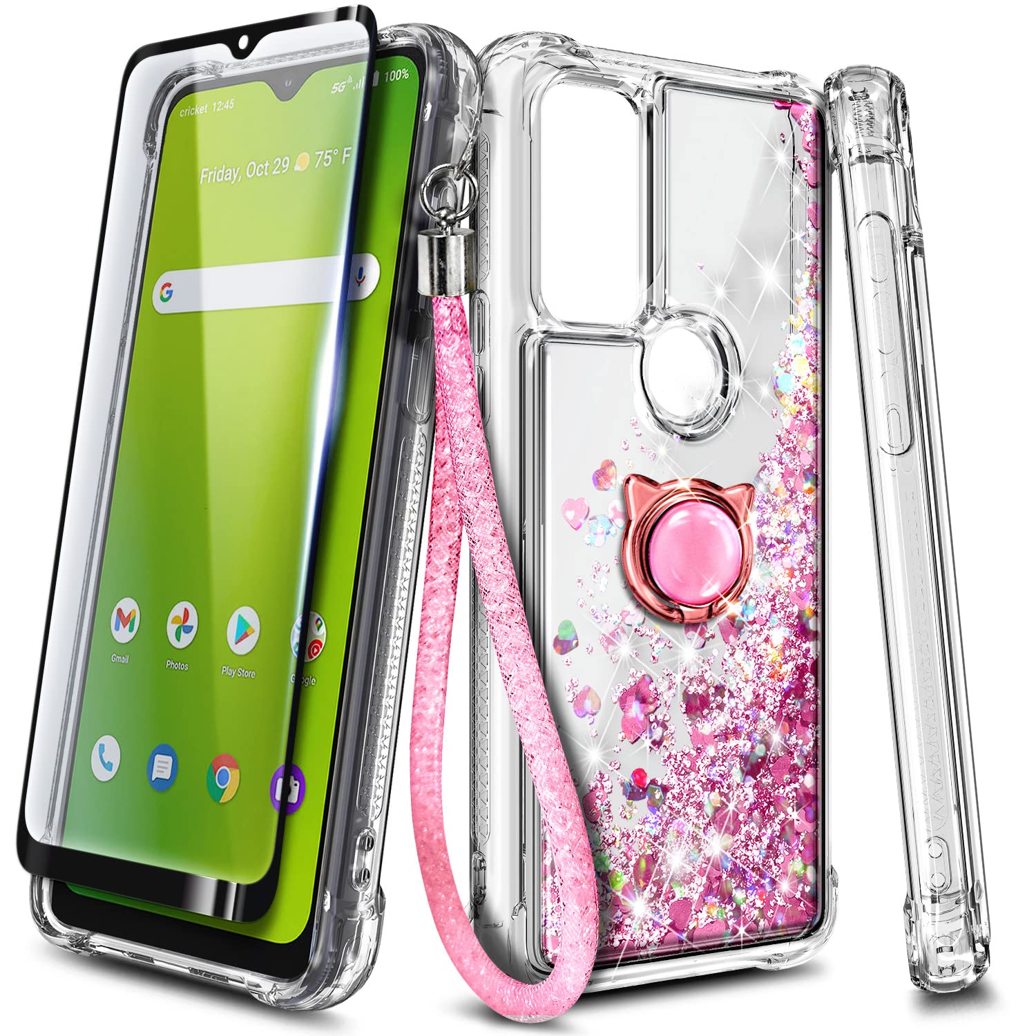 Sparkle Glitter Liquid Cute Phone Case for AT&T Radiant Max 5G, Cricket Dream 5G, AT&T Fusion 5G & Innovate 5G - Rose Gold with Tempered Glass Screen Protector, Ring Holder & Wrist Strap - Perfect for Everyday Use, Parties & Gift Giving