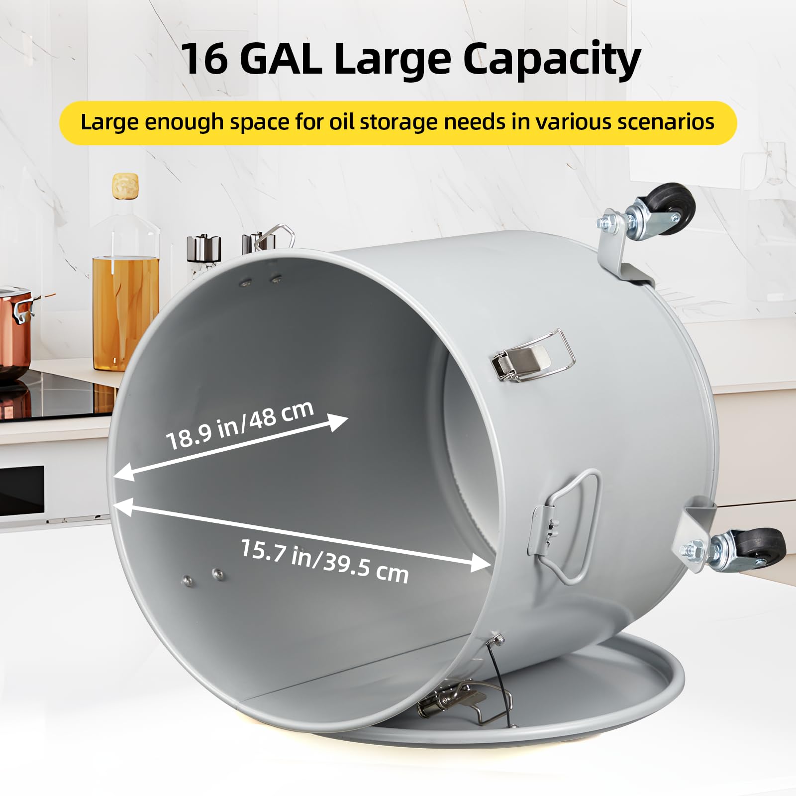 16 Gallon Fryer Grease Bucket - Coated Carbon Steel Oil Filter Pot with Caster Wheels, Lid Lock & Nylon Filter Bag - Commercial Kitchen Oil Disposal & Transport Container for Restaurants, Food Trucks & Catering Services