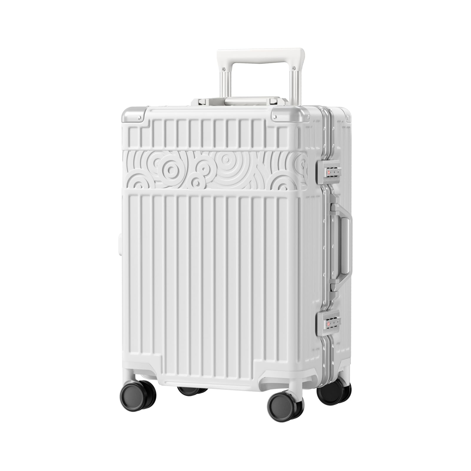 Krute 20 Inch Aluminum Frame Carry On Luggage - Zipperless Hard Shell Suitcase with 8 Spinner Wheels, TSA Lock & Reinforced Metal Corners (PC+ABS Material, White) - Perfect for Business Travel & Weekend Getaways