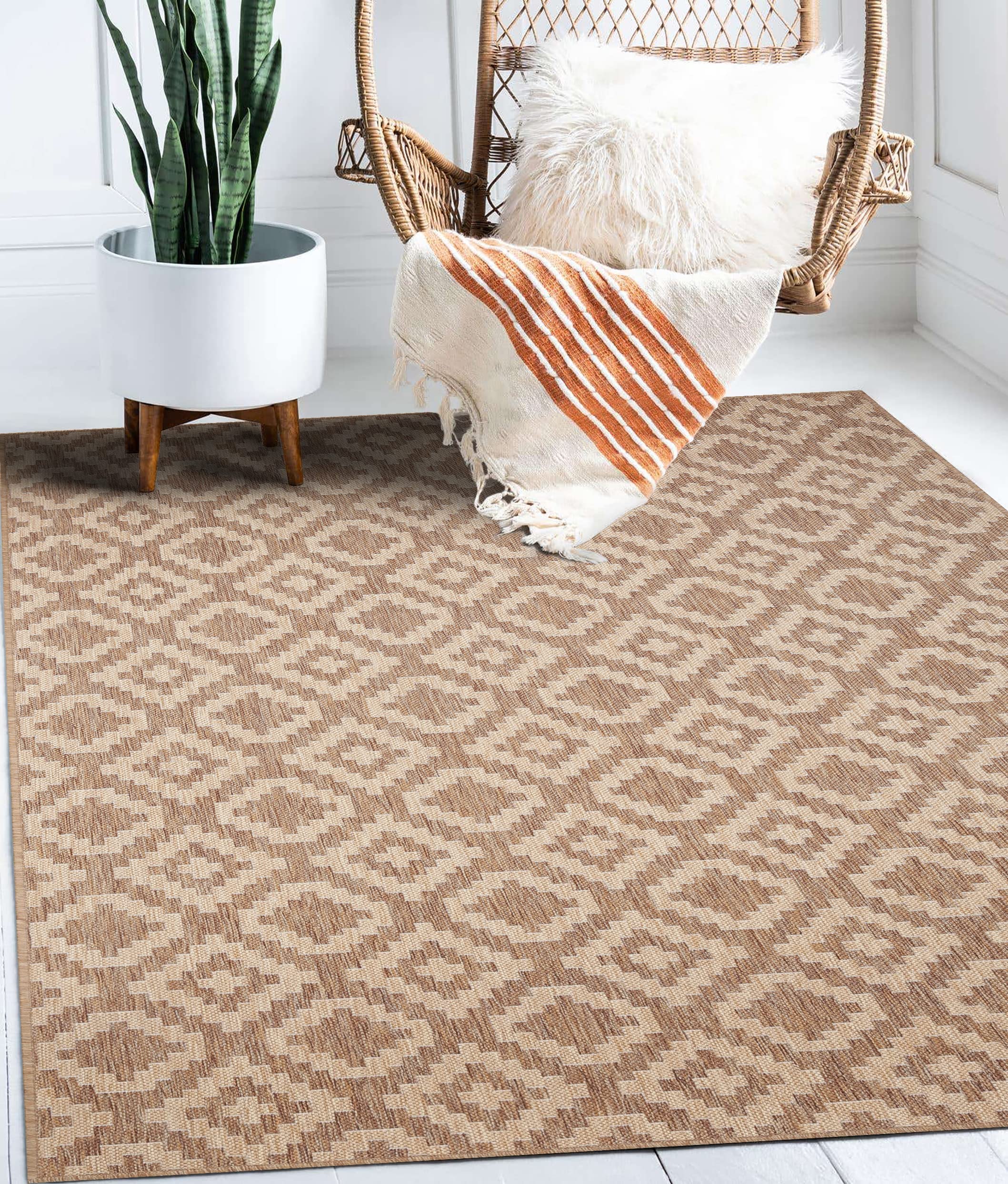 Modern Geometric Indoor/Outdoor Area Rug - Weather-Resistant & Durable 8x10 Beige/Brown Carpet for Porch, Deck, Balcony, Backyard & Patio - Perfect for Outdoor Entertaining & Home Decor