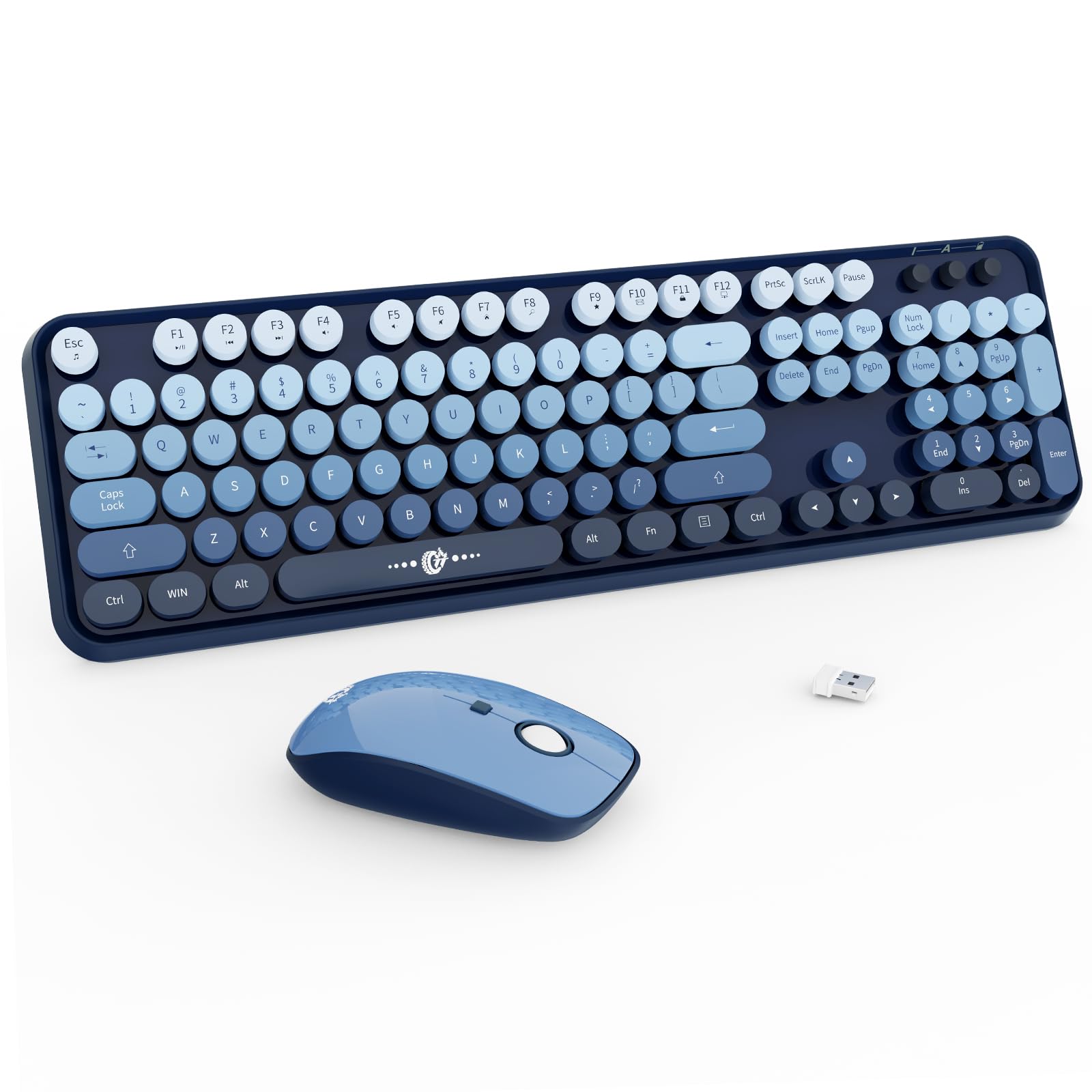 FOPETT 2.4G Wireless Keyboard Mouse Combo - 104 Round Key Retro Typewriter for PC/Laptop - Blue Gradient for Office/Home Use