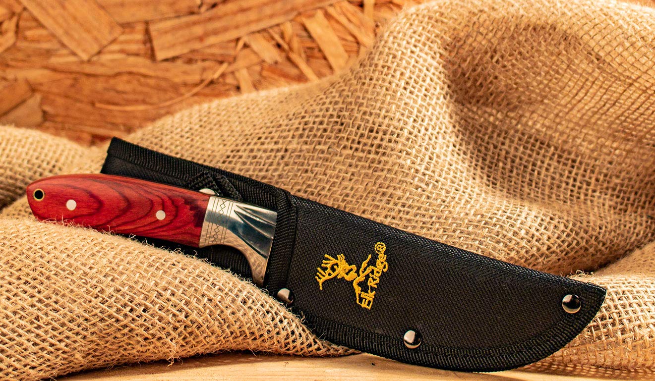 Elk Ridge ER-148 Fixed Blade Knife - 9 Inch Stainless Steel Hunting Knife with Mirror Finish & Brown Wood Handle - Survival Knife for Camping, Hiking, Outdoor Adventures - Includes Nylon Sheath