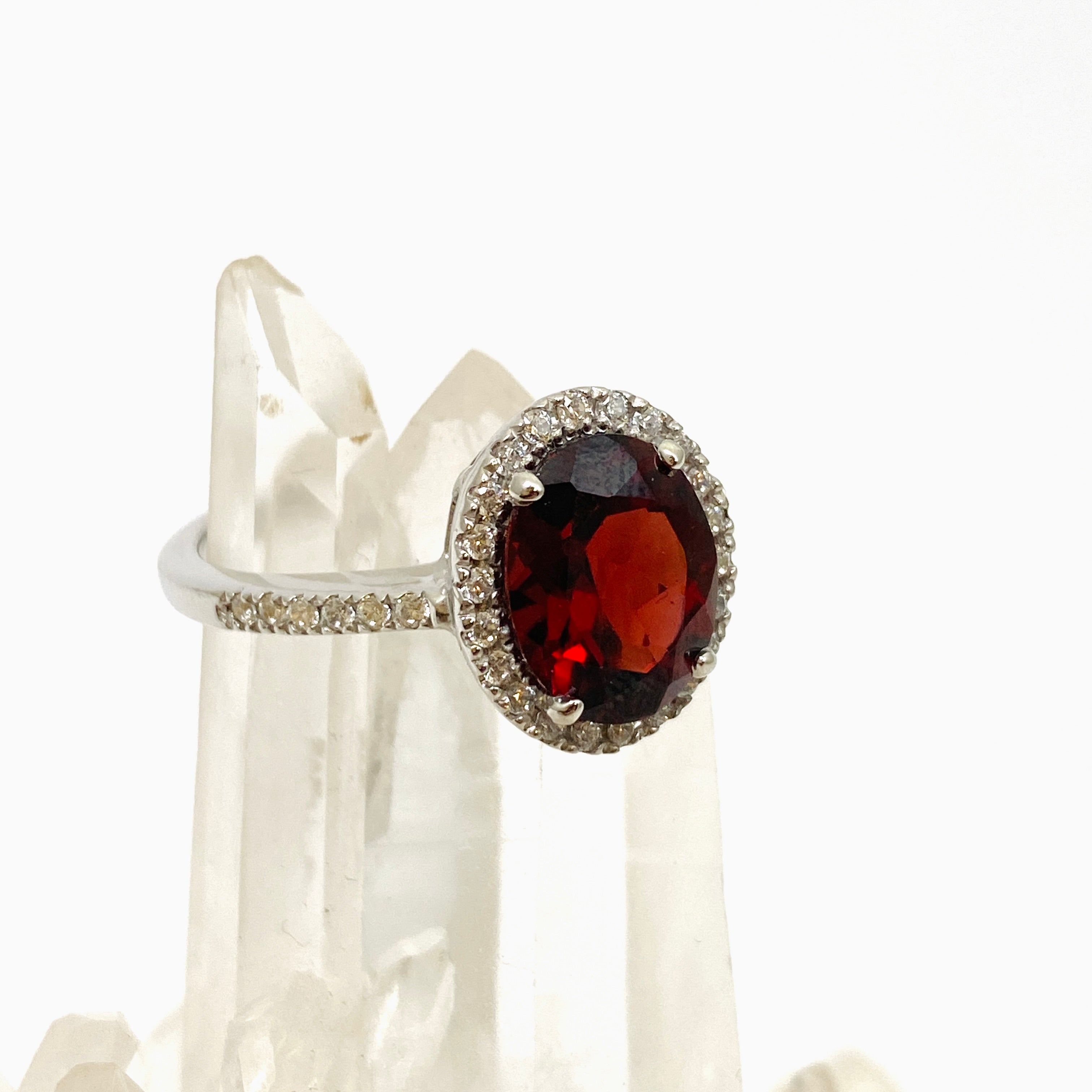 Garnet Oval Faceted Ring with CZ Accents - Size 8.5 - HRGJ 62 - Elegant Jewelry for Women, Perfect for Valentine's Day Gift, Anniversary or Special Occasions