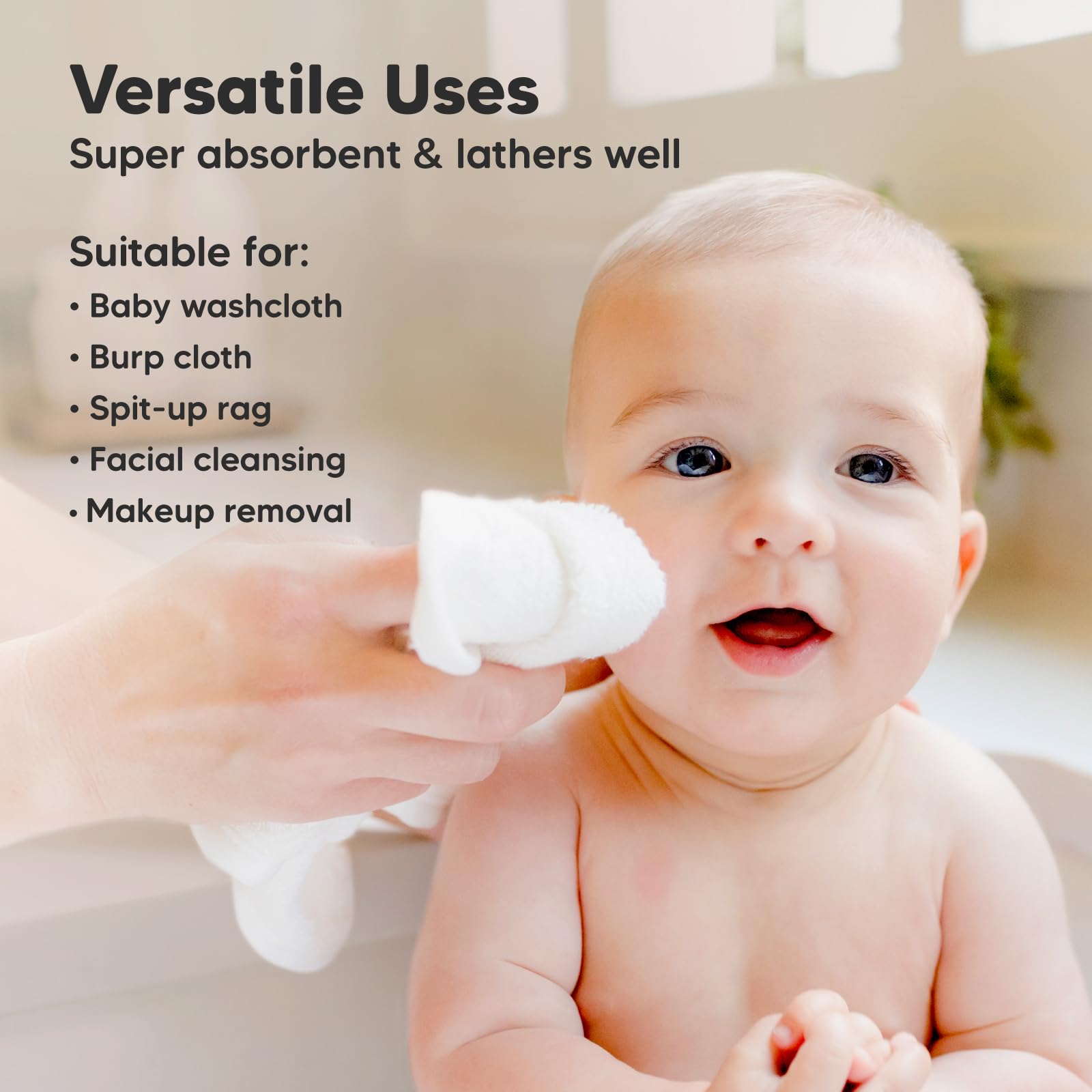 6-Pack Soft Bamboo Viscose Baby Washcloths - Gentle Newborn & Kids Bath Towels, Face Cloths for Sensitive Skin (White) | Perfect for Bath Time, Face Washing & Delicate Skin Care