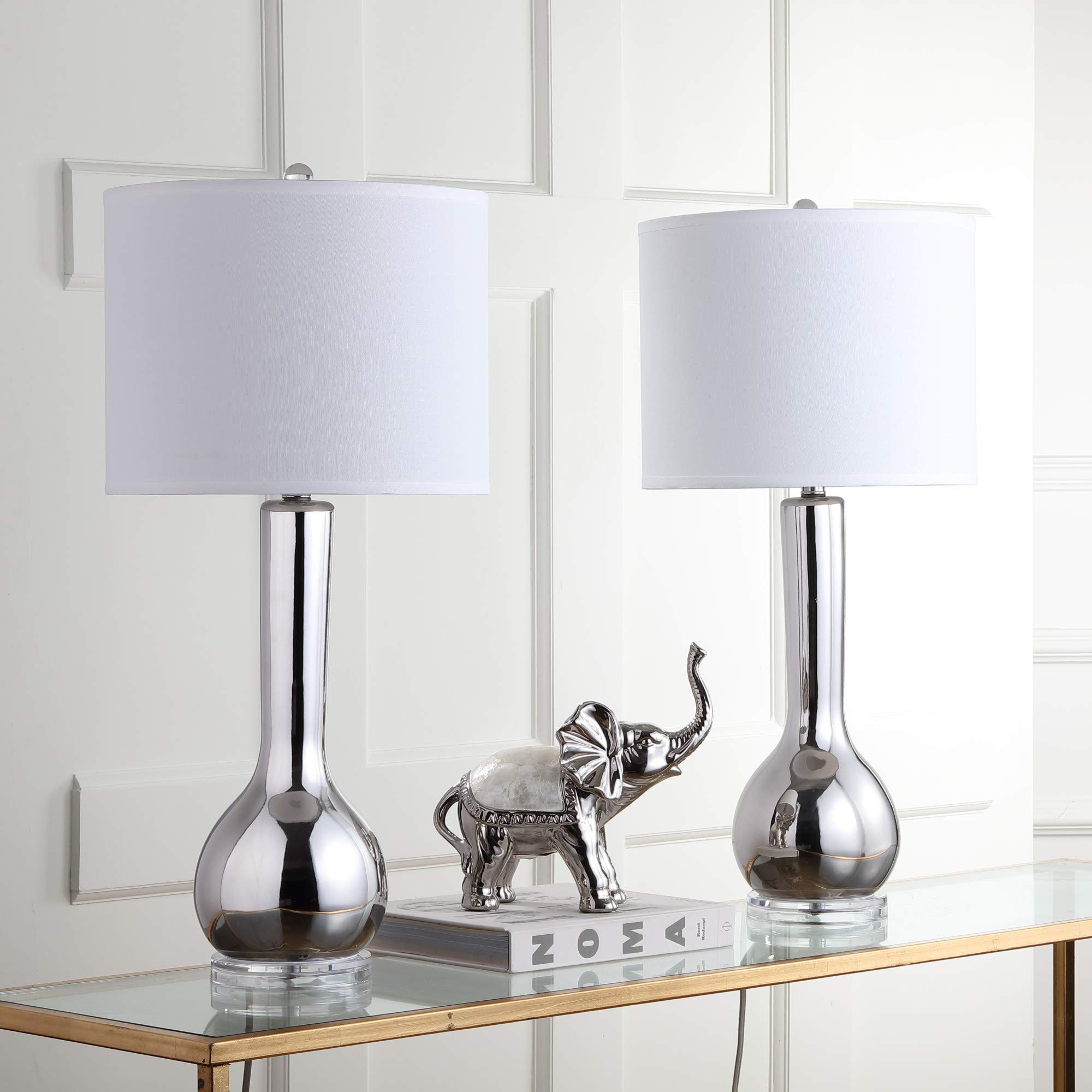 SAFAVIEH Lighting Collection Mae Long Neck Modern Contemporary Silver Ceramic 31-inch Table Lamp Set of 2 with LED Bulbs - Perfect for Bedroom, Living Room, Home Office & Nightstand Lighting