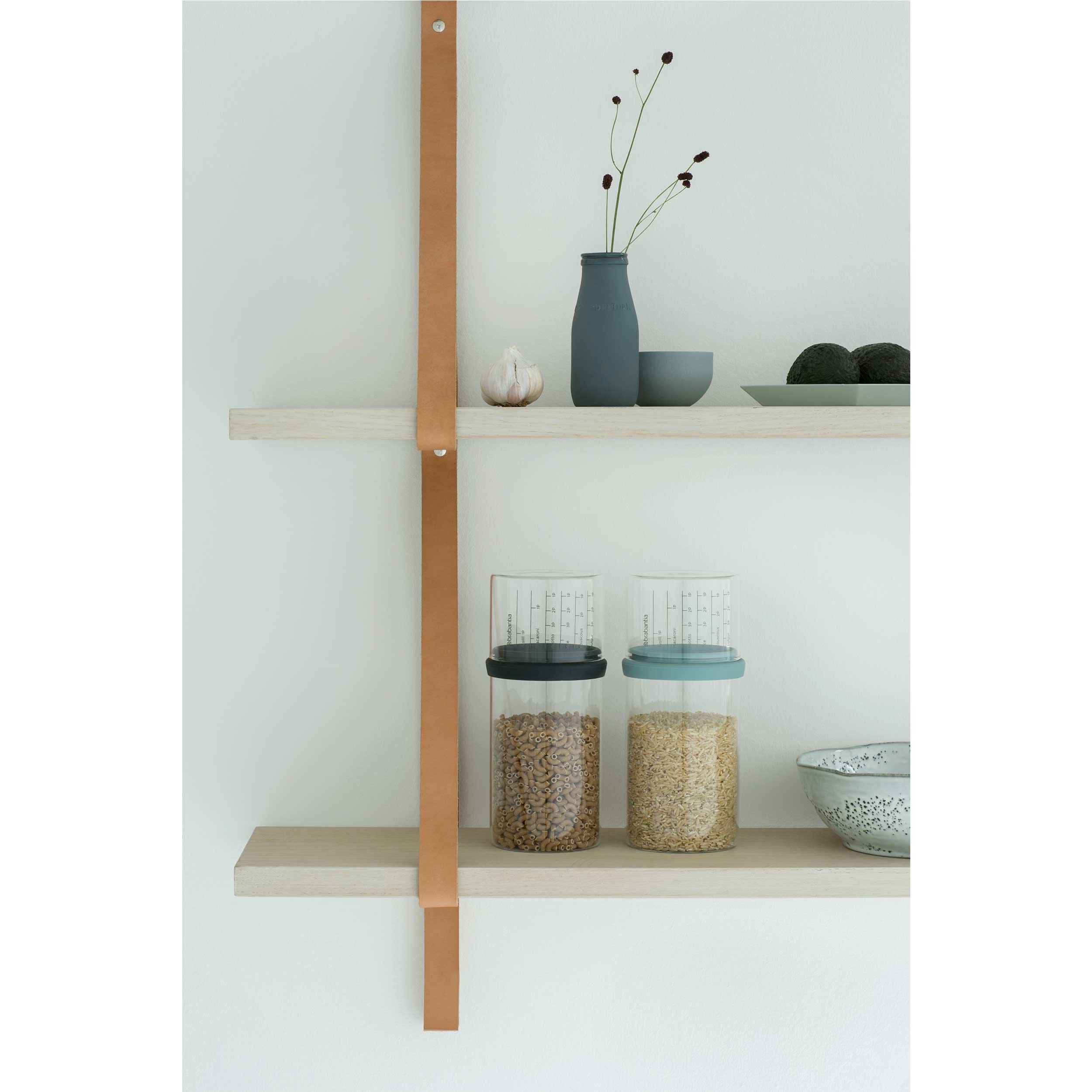 Brabantia 290282 1L Glass Storage Jar with Measuring Cup - Dark Grey, 10.4 x 10.4 x 23 cm - Airtight Kitchen Container for Flour, Sugar, Coffee & Dry Food Storage