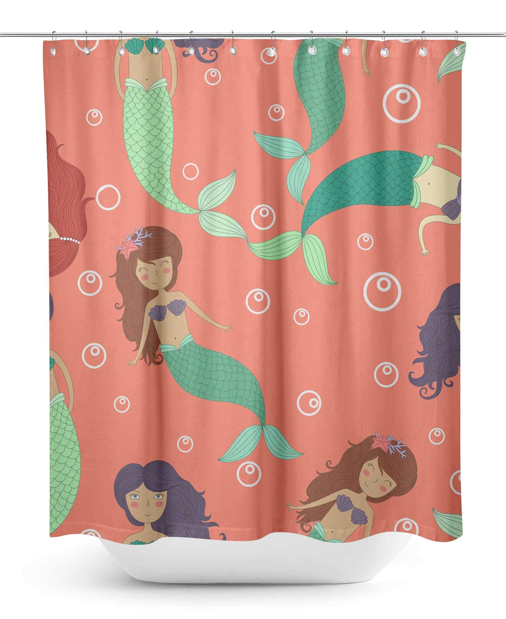 Waterproof Orange Bubbles & Mermaid Ocean Shower Curtain 60x84 Inch - Bathroom Decor with Rustproof Hooks for Kids & Teen Girls - Perfect for Beach Theme Bathrooms & Nautical Decor