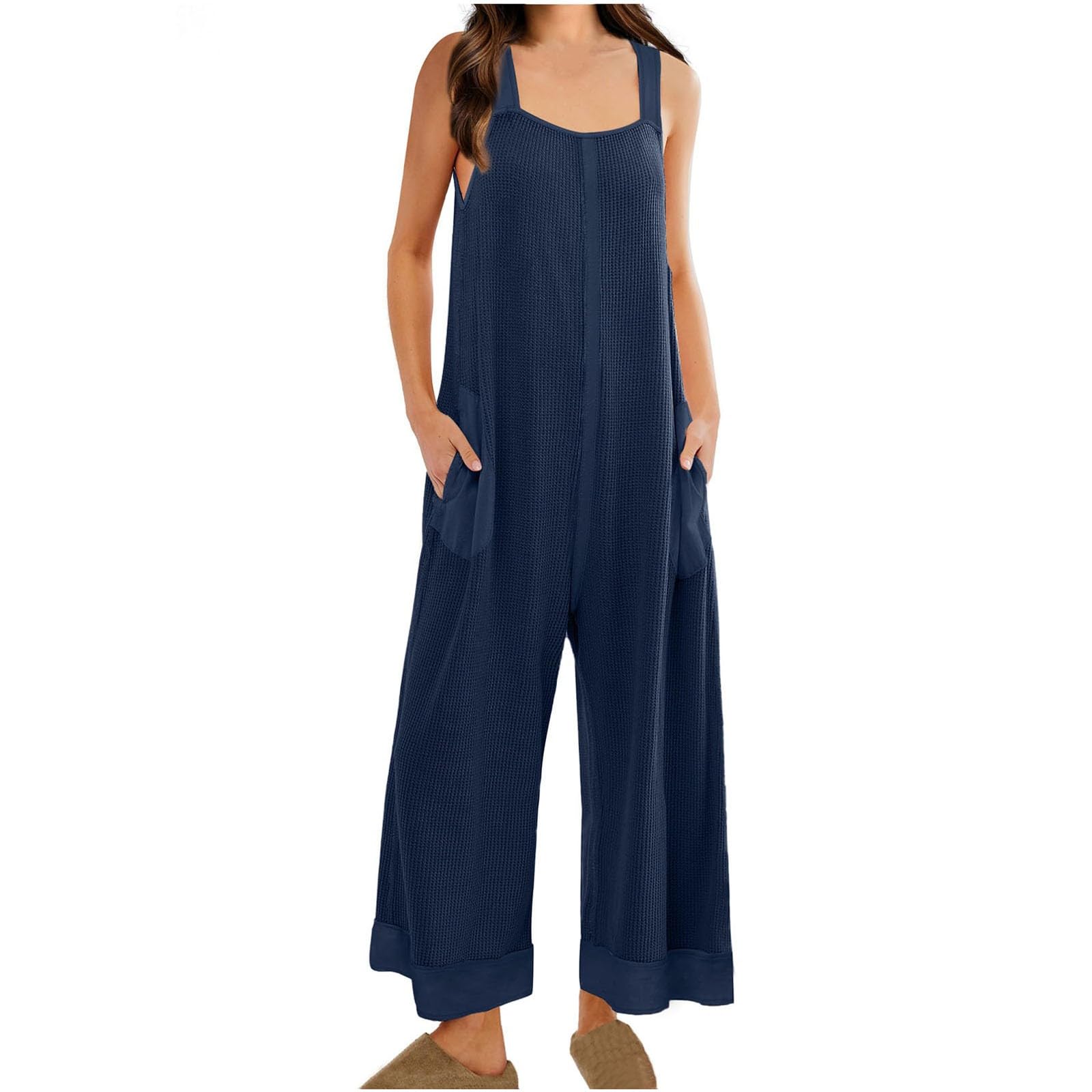 Women's Waffle-Knit Jumpsuit with Pockets - Loose Fit Backless Tie Romper Wide Leg Bib Overalls for Summer | Casual Outfit, Beach Wear, Vacation Style
