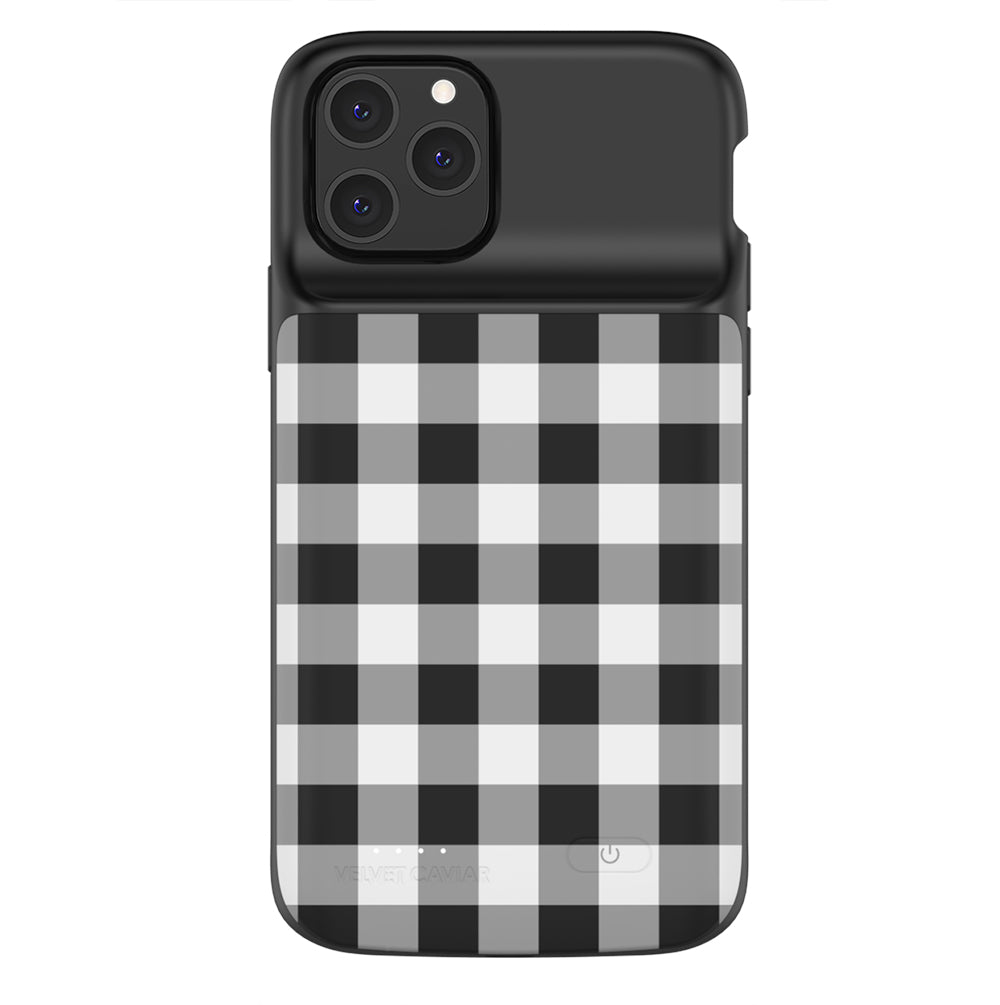 Black Gingham Pattern iPhone Charging Case - Slim Protective Phone Cover with Built-in Battery for iPhone 13/14/15 Pro Max - Perfect for Travel, Work & Everyday Use