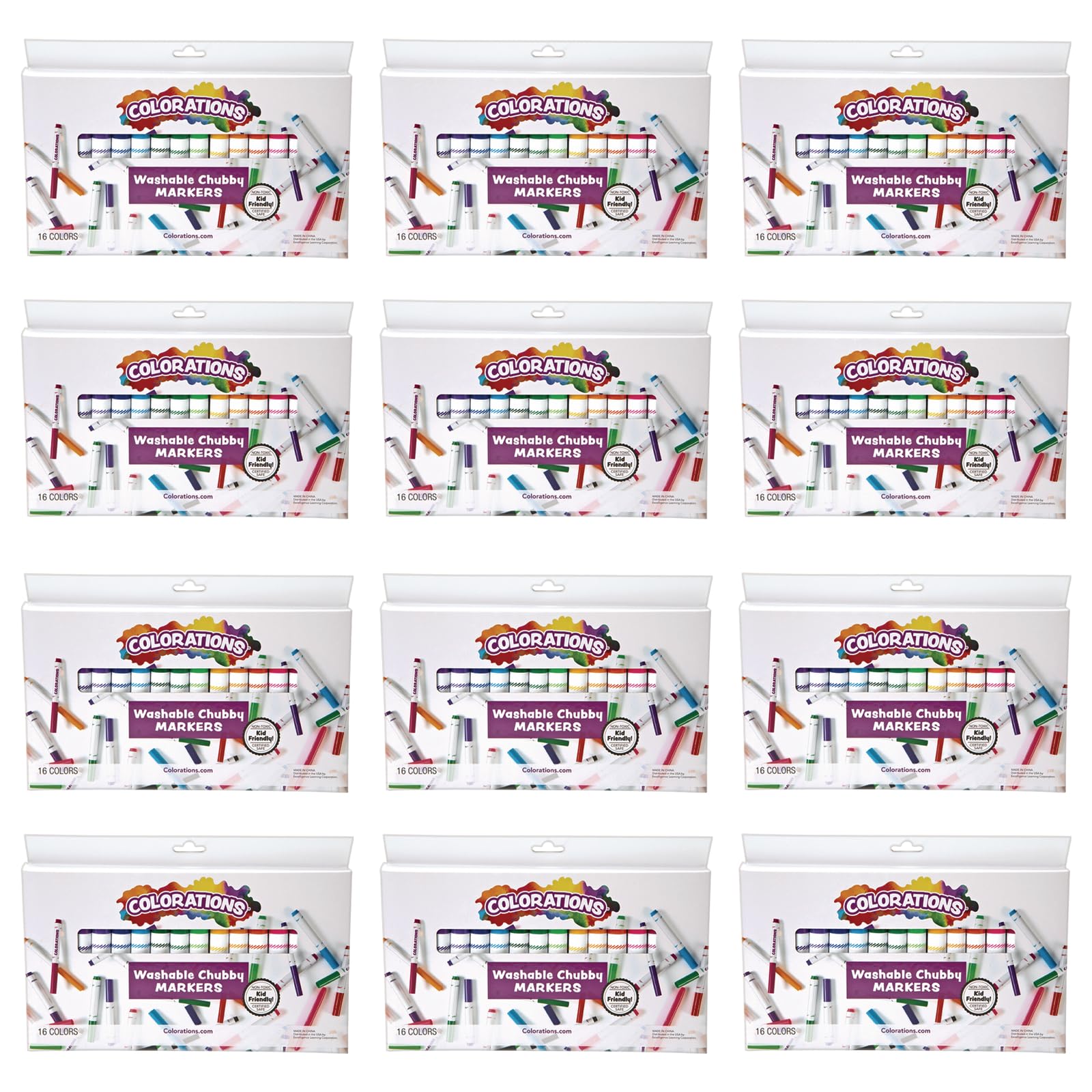 Colorations Chubby Markers - 16 Colors per Set, 12 Sets (192 Total) - Individually Packaged Washable Markers for Kids - Perfect for Arts & Crafts, Gift Wrapping, School Projects & Birthday Party Favors
