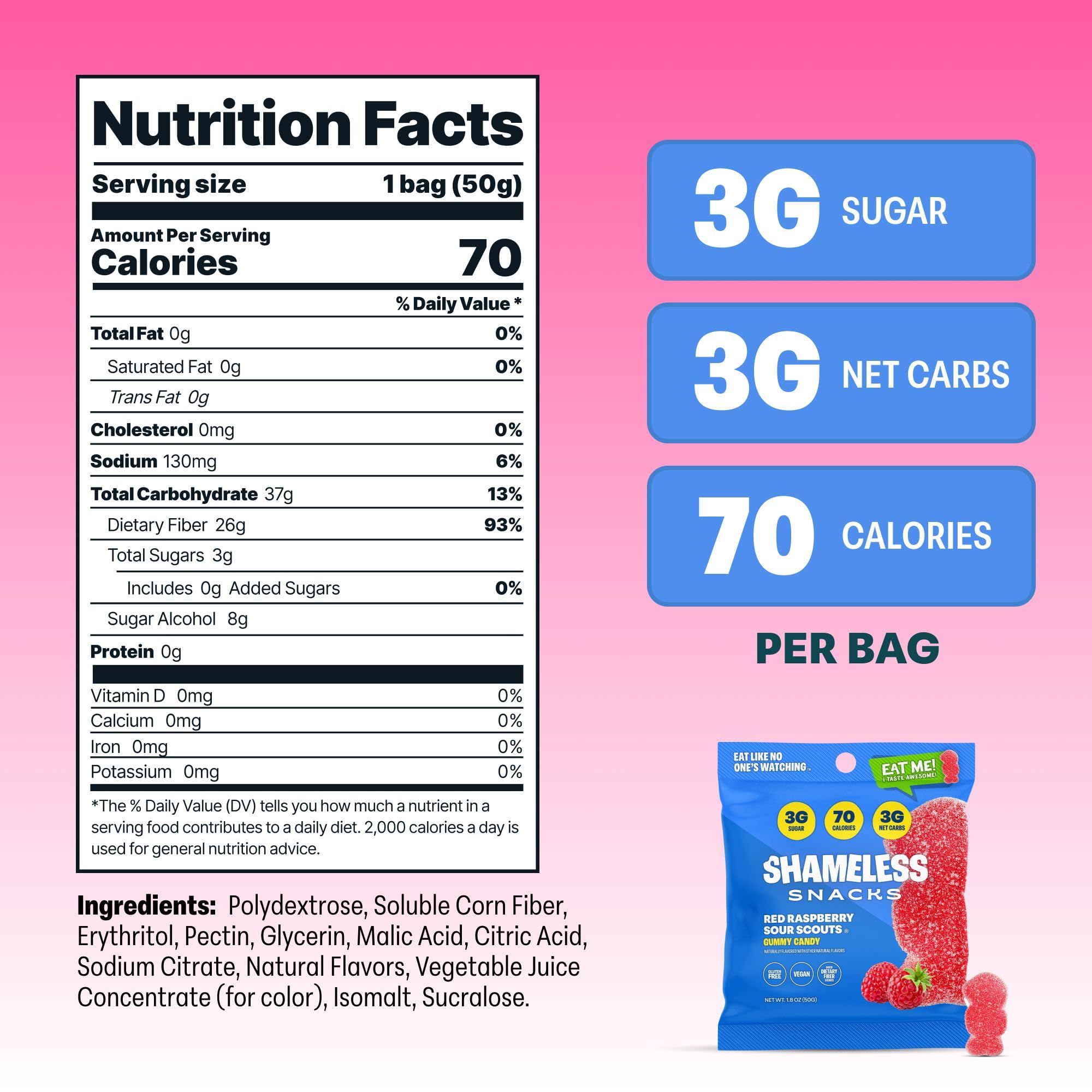 Shameless Snacks - Healthy Low Calorie Keto Gummies | Gluten Free Candy for Weight Loss | 6 Pack Red Raspberry Sour Scouts | Perfect for Keto Diet, Office Snacks & Movie Nights