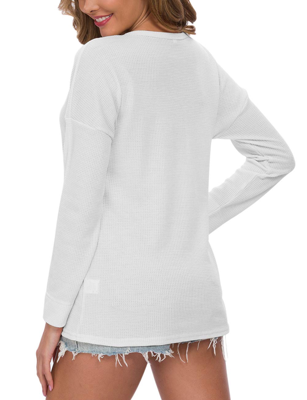 MOLERANI Women's Waffle Knit Tunic Top - Loose Fit Long Sleeve Button Up V-Neck Henley Shirt for Casual Wear, Office & Fall Outfits