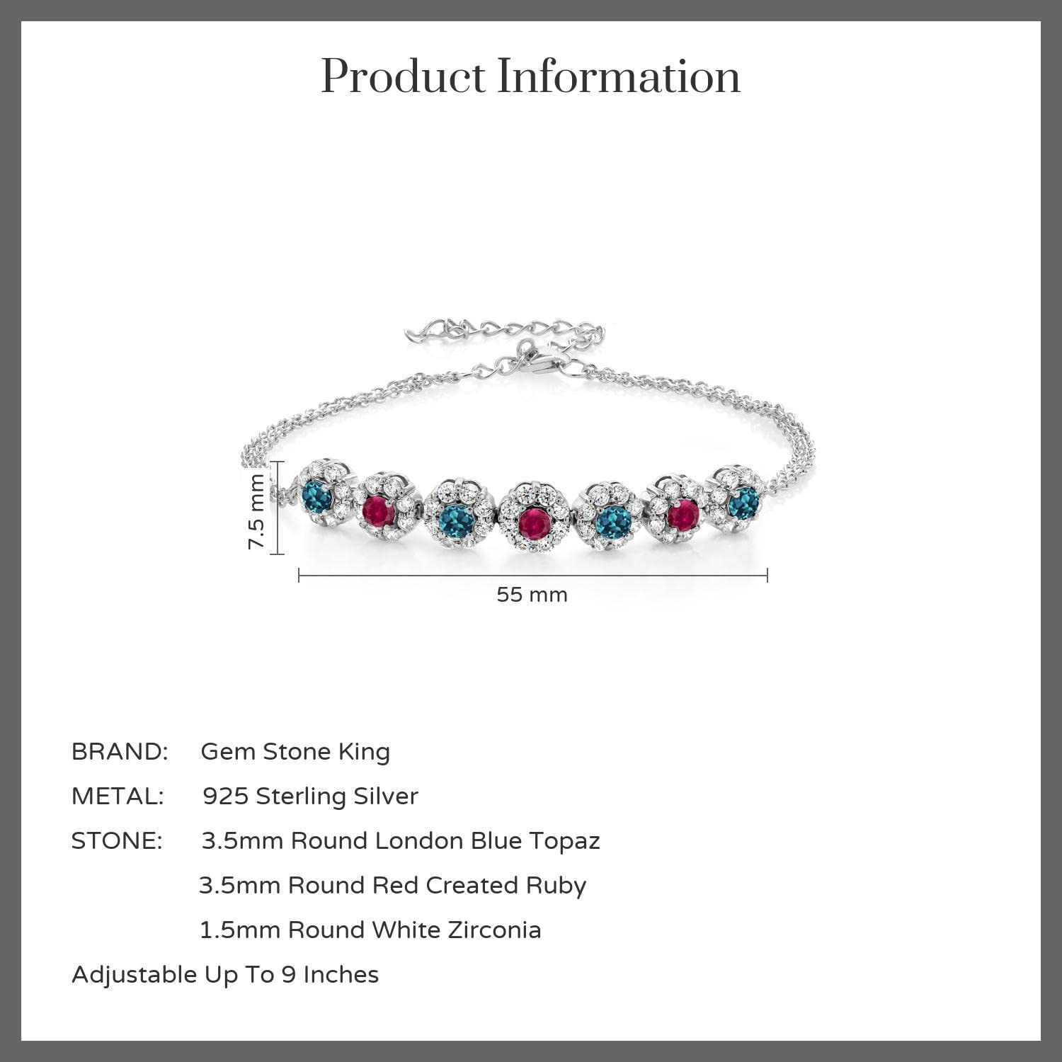 925 Sterling Silver London Blue Topaz & Red Ruby Tennis Bracelet for Women - 2.47 Cttw, November Birthstone Jewelry, 7