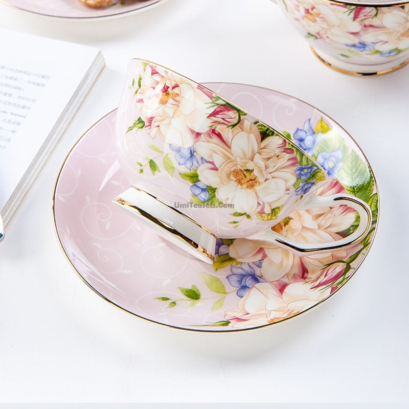 Elegant Porcelain Afternoon Tea Set - 16-Piece Floral Bone China Tea Service with Teapot, Cups & Saucers - Perfect for English Tea Parties, Bridal Showers & Garden Gatherings