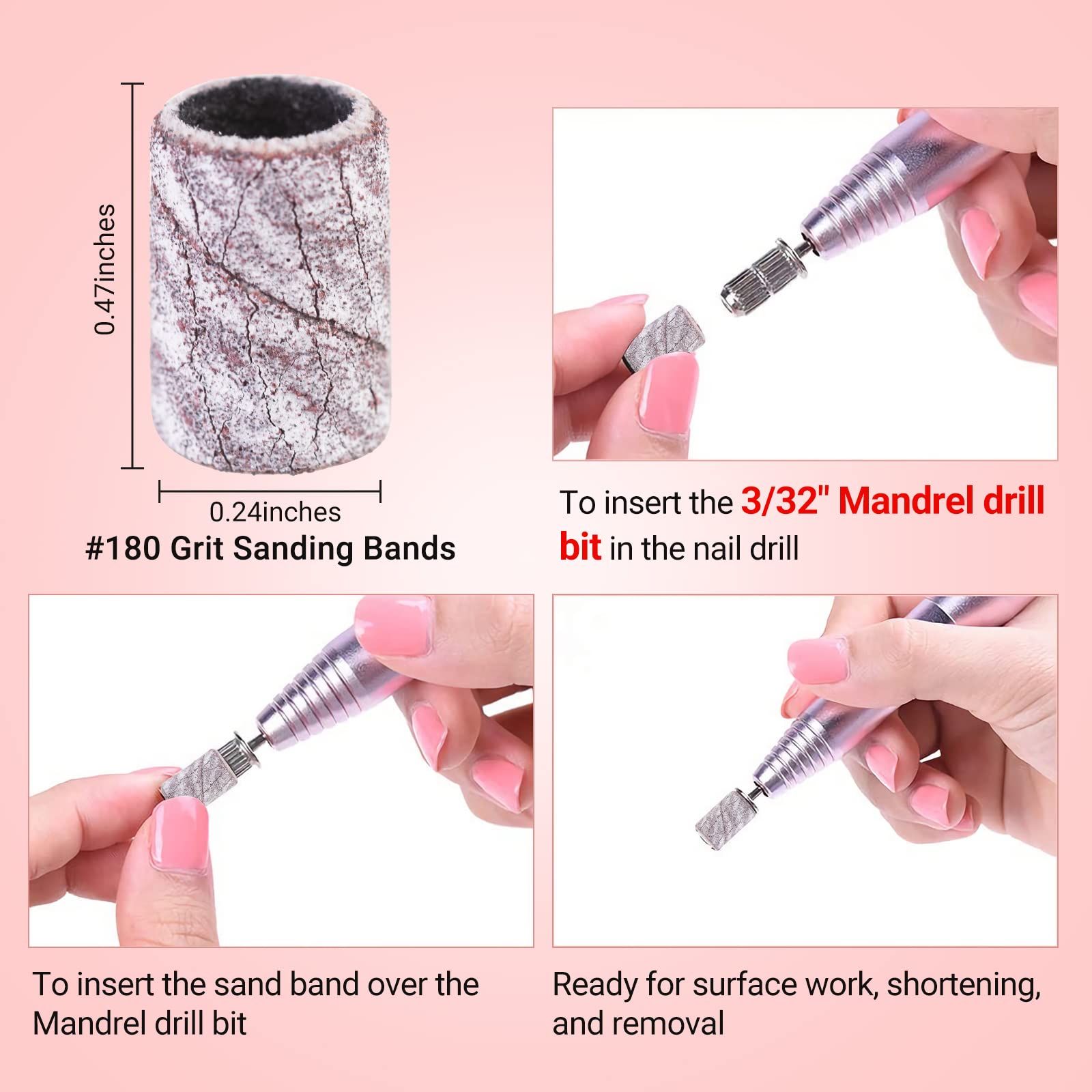 MelodySusie 100 Pcs Nail Drill Bits Sanding Bands - 180 Fine Grit Nail File Sanding Bands for Acrylic Nails, Gel Manicures & Pedicures | Professional Nail Art Tools for Salon & Home Use