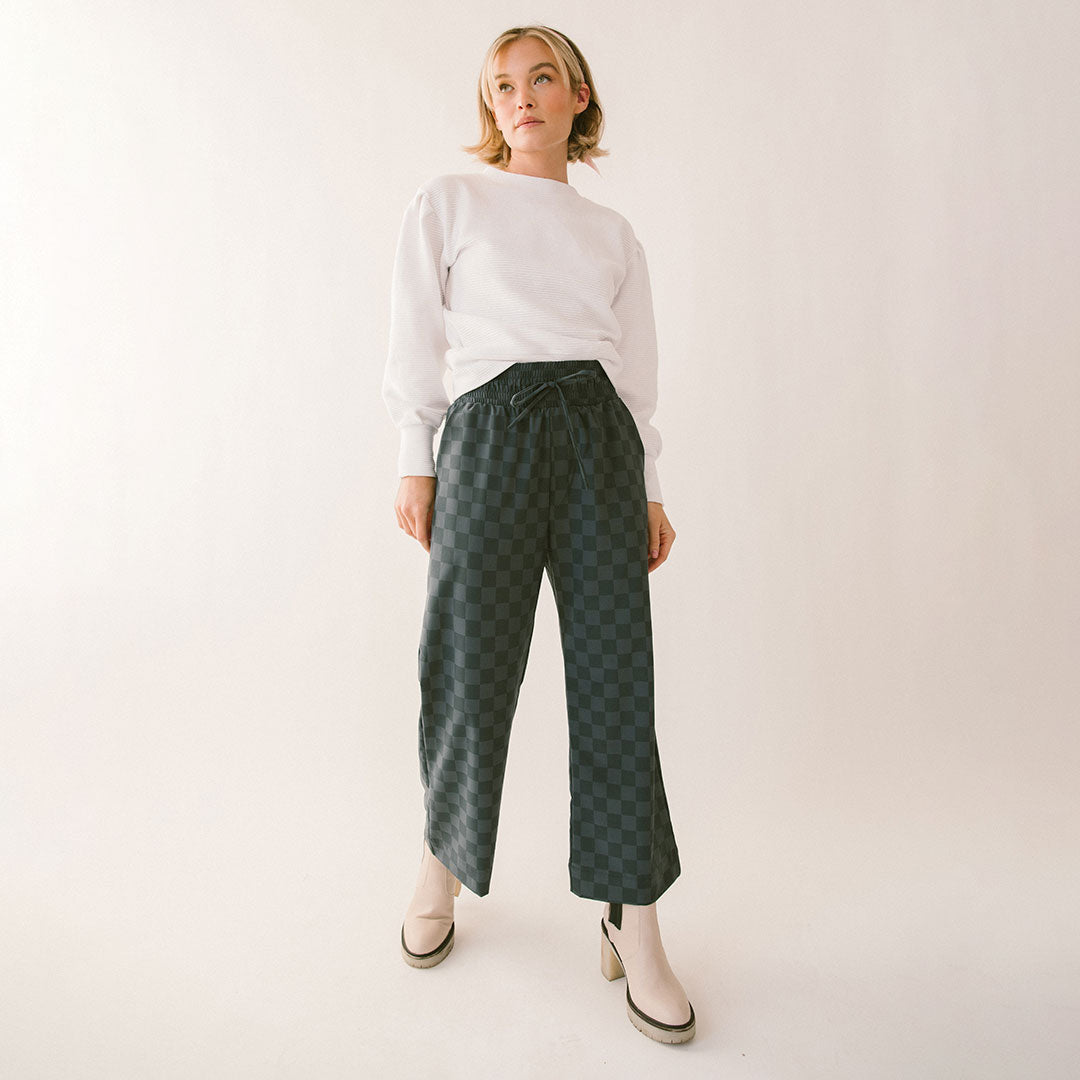Audrey Wide Leg Pants for Women - Stylish Slate Checkered High Waist Trousers | Office Wear, Casual Outfits & Business Travel Essentials