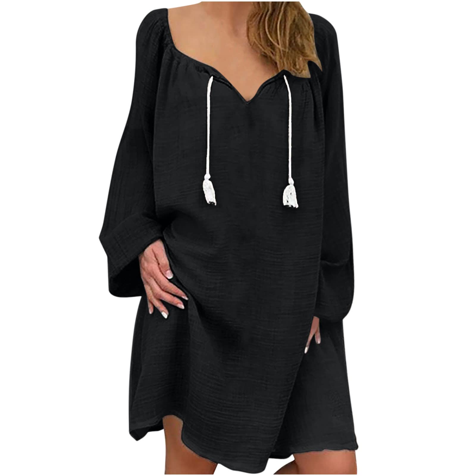 YZHM Women's Long Sleeve V-Neck Linen Dress - Casual Loose Fit Mini Shift Dress with Tassel Detail (Solid/Printed) | Perfect for Summer Outings, Beach Vacations & Boho Style