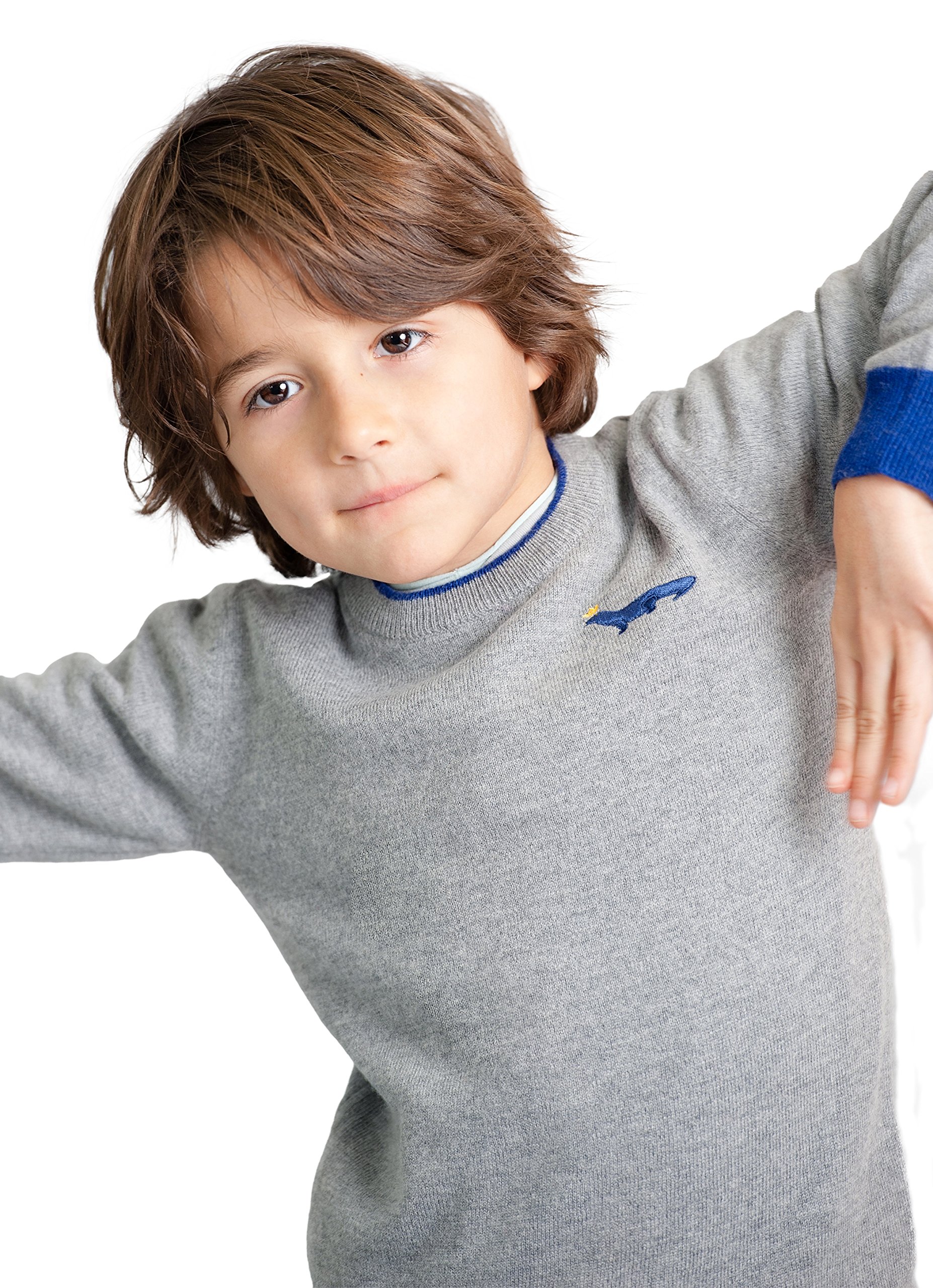 Soft Cashmere Gray Wool Blend Crew Neck Sweater for Toddler Boys | Cozy Winter Pullover with Blue Contrast Trim | Perfect for Playdates, Family Photos & Holiday Outfits