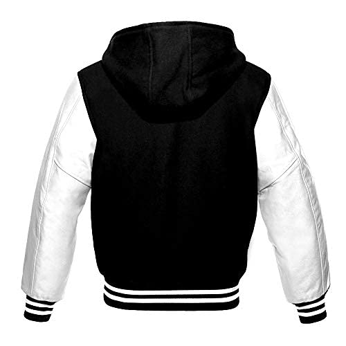 Premium Wool Varsity Hoodie Jacket with Genuine White Leather Sleeves - Baseball Letterman Bomber School Jacket for Men | Perfect for Sports Events, School Activities & Casual Wear