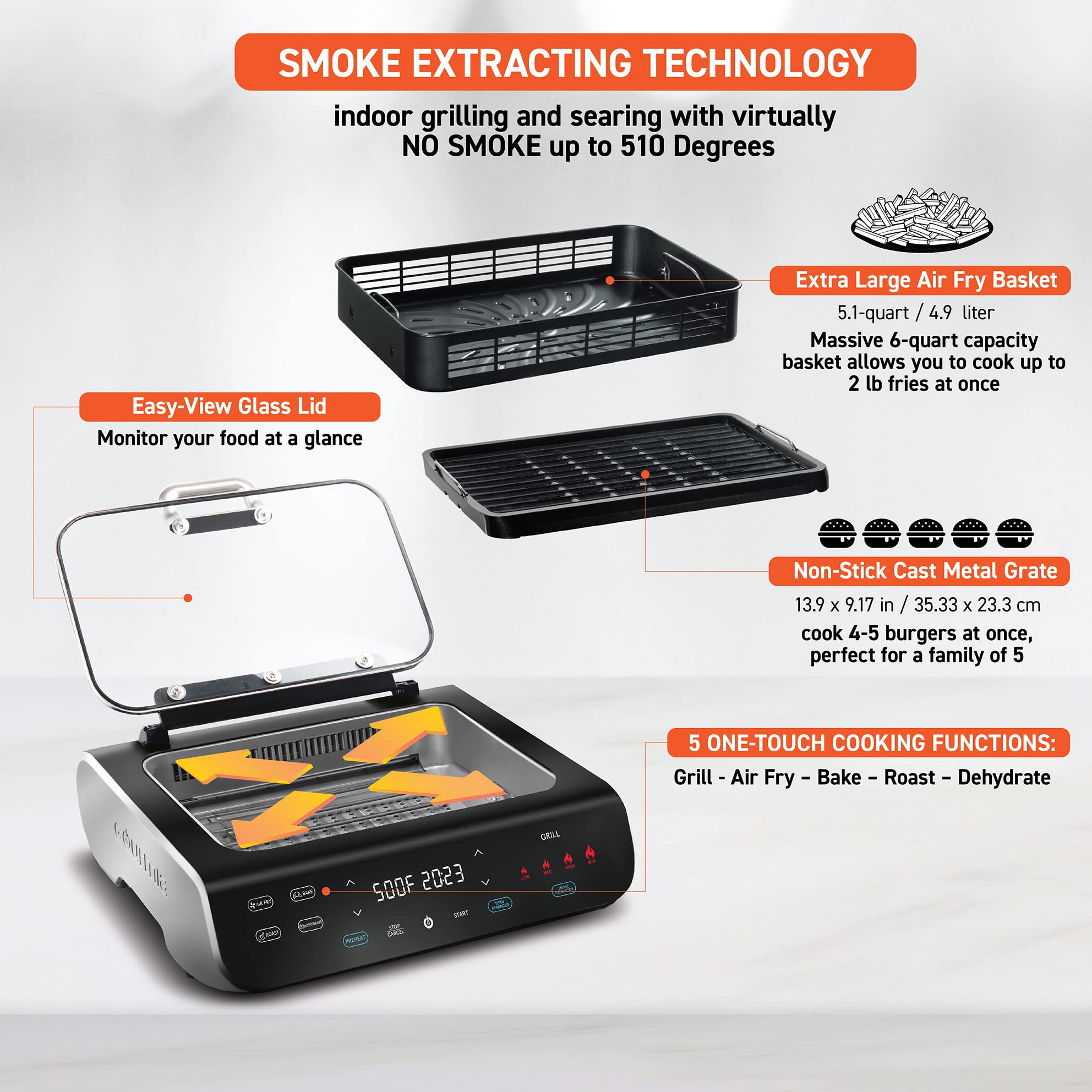 Gourmia Smokeless Indoor Grill & Air Fryer - 6QT Nonstick Electric Grill for Korean BBQ & Raclette