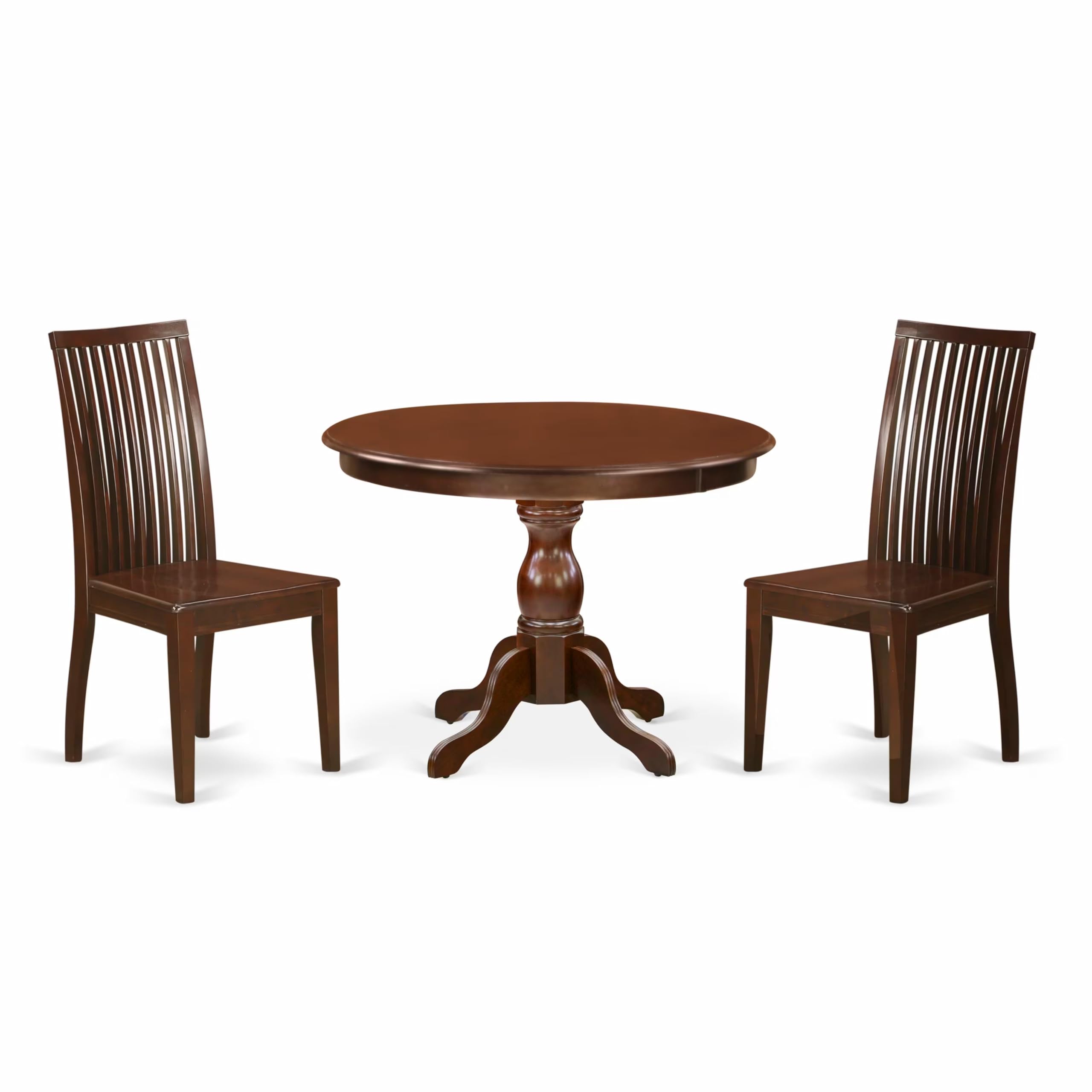 East West Furniture HBIP3-MAH-W 3-Piece Round Dining Table Set with Pedestal Base & 2 Wooden Chairs - 42x42 Inch, Mahogany - Perfect for Small Spaces, Apartments & Cozy Kitchens