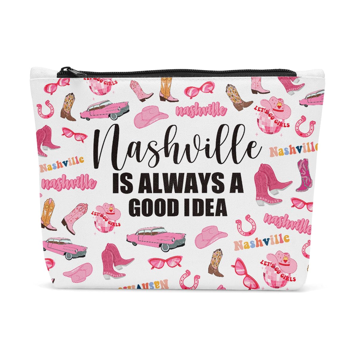 Funny Nashville Themed Travel Makeup Bag - Cute Cosmetic Organizer for Girls Trips, Vacation Essentials & Holiday Gifts for Women | Perfect for Travel Lovers, Bachelorette Parties & Road Trips