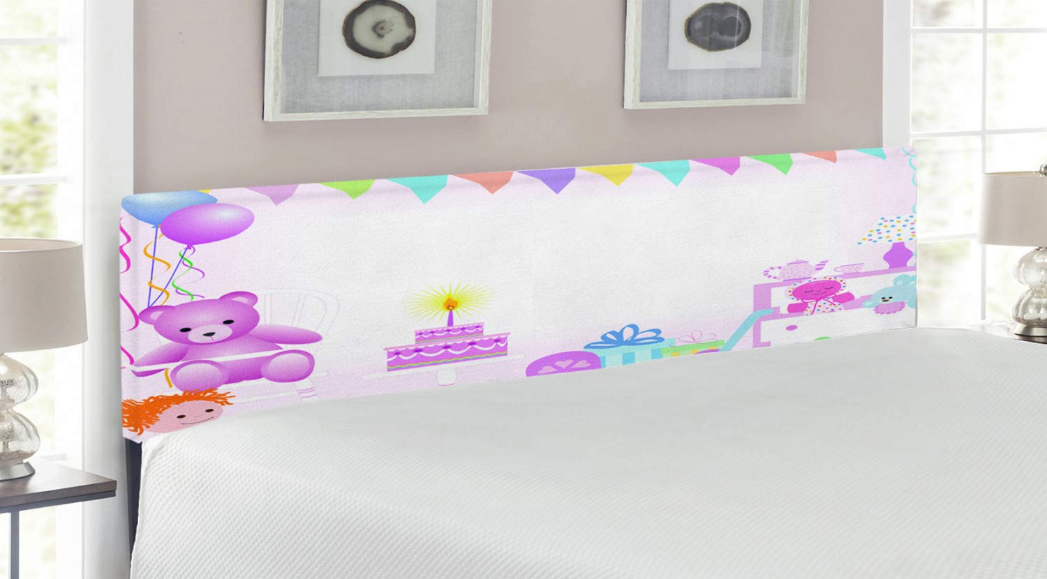 Ambesonne King Size Upholstered Headboard with Memory Foam - Pale Pink Birthday Themed Bed Headboard Featuring Flags & Bears Print | Perfect for Girls' Bedroom Decor & Birthday Party Celebrations