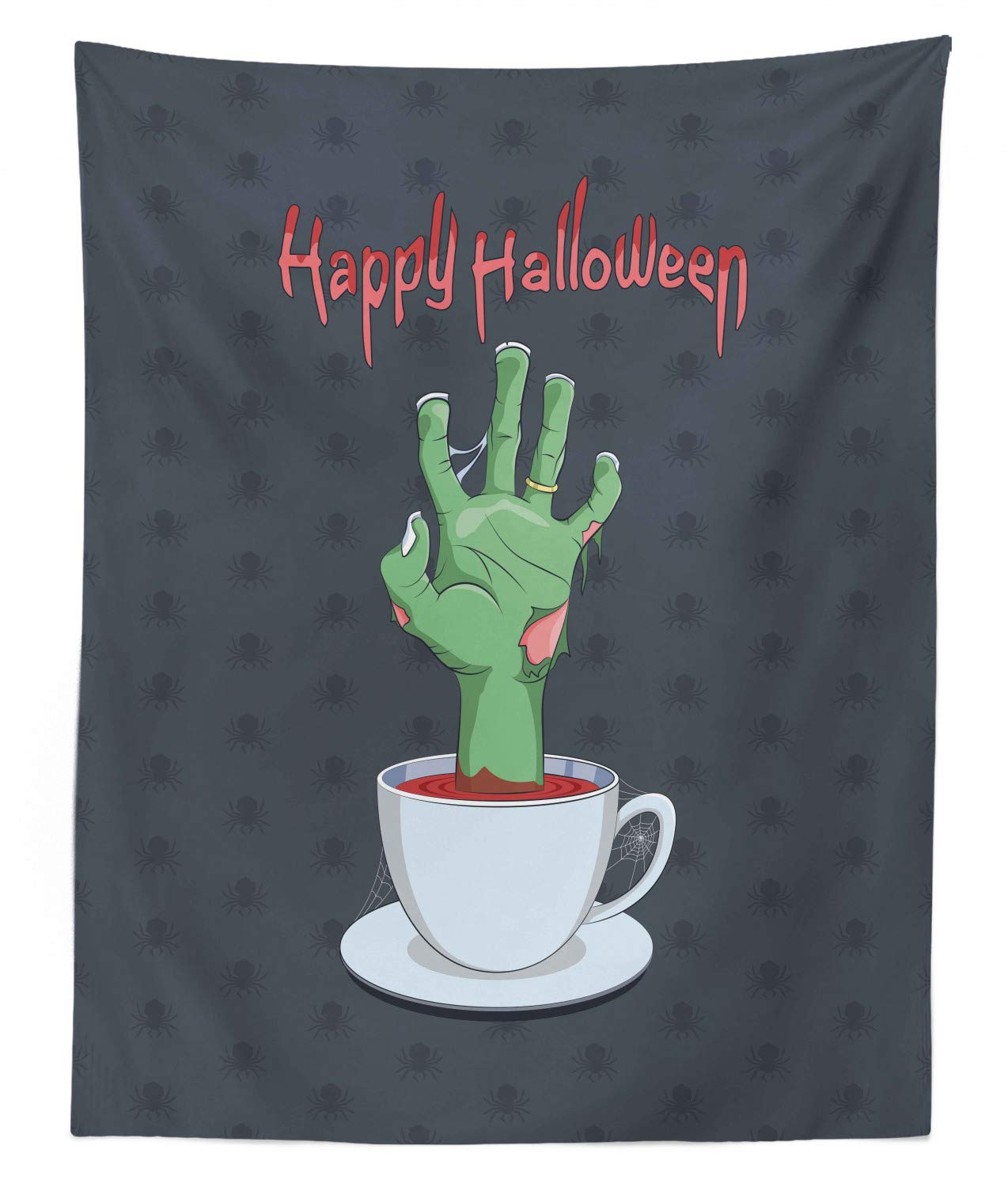 Ambesonne Halloween Tapestry - Zombie Hand in Bloody Tea Cup with Spiders & Happy Halloween Lettering - 68x88 Inch Grey Pale Rust Green Wall Hanging for Bedroom Decor, Dorm Room, Party Backdrop & Seasonal Home Decoration