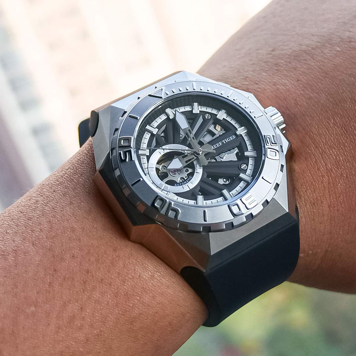 REEF TIGER Men's Military Dive Watch - Automatic Mechanical Skeleton Watch with Rubber Strap RGA6903-S | Waterproof Sport Watch for Swimming, Diving & Outdoor Adventures