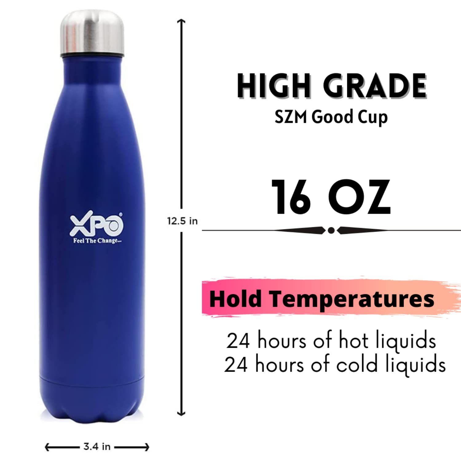 Premium XPO Stainless Steel Vacuum Insulated Water Bottle - 16oz, Leakproof, BPA-Free, Scratch Resistant - Keeps Drinks Hot/Cold 24 Hours - Perfect for Hiking, Gym & Office - Blue