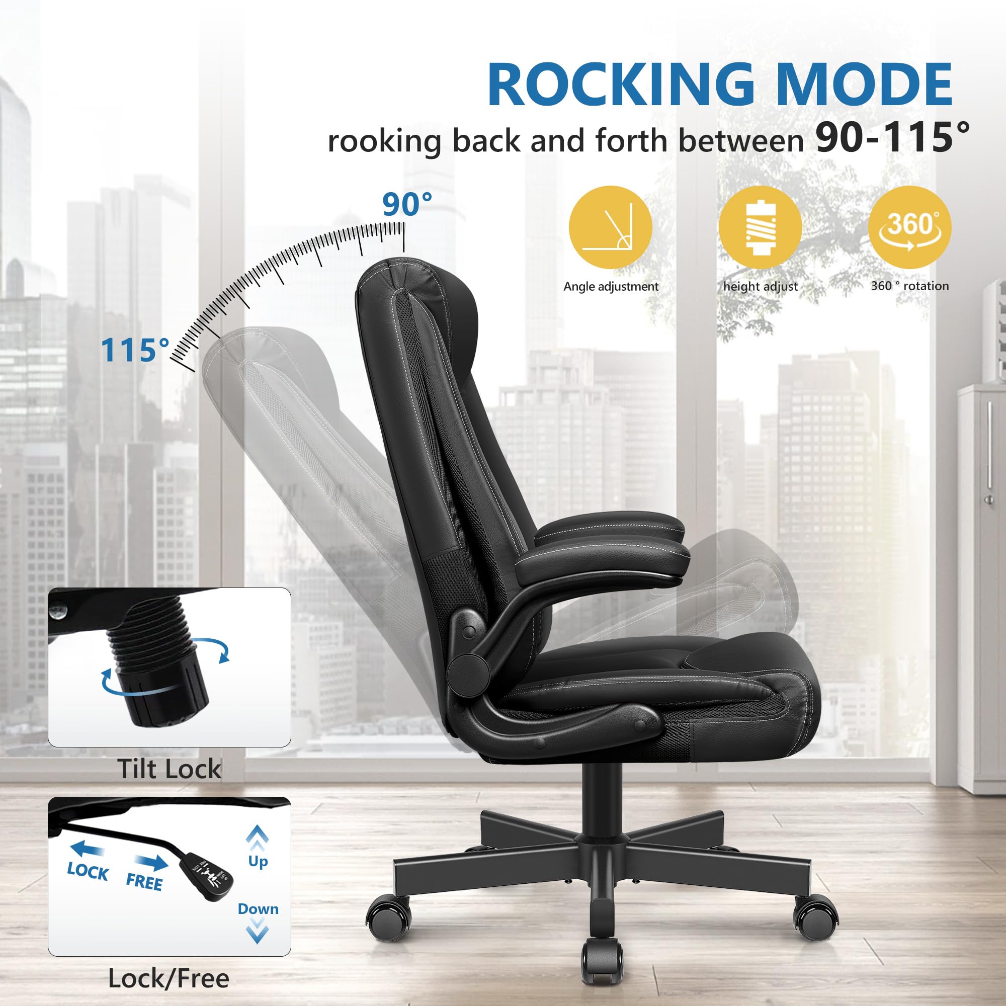 Premium Ergonomic Executive Office Chair - High Back Leather Desk Chair with Adjustable Flip-Up Arms, Lumbar Support & Rocking Function for Big & Tall Users (Black) - Perfect for Home Office, Gaming & Professional Workspaces