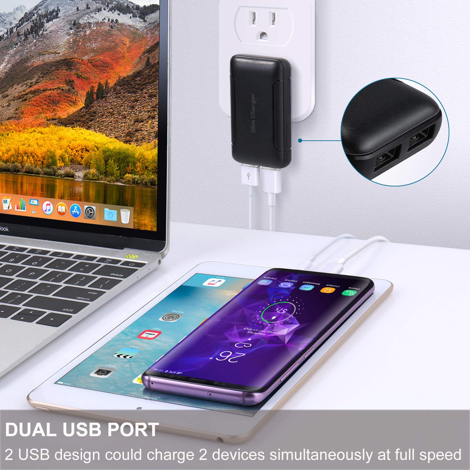 Pofesun 2-Pack 15W Slim Flat USB Wall Charger with Foldable Plug - Dual Port 3A Fast Charging Adapter for iPhone 16/15/14/13/12/11 Pro Max, Samsung Galaxy, LG - Perfect for Travel, Home & Office Use (Black)