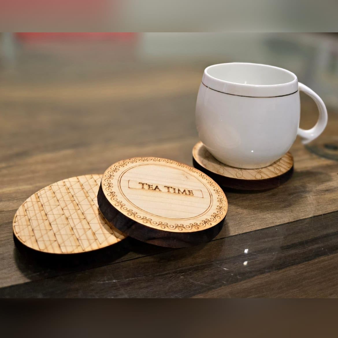 CHETANA Handcrafted Wooden Tea Coasters Set of 3 - Round Carved Floral Design - Heat Resistant Drink Coasters for Tea, Coffee & Beverages - Perfect for Home, Office & Gift Giving