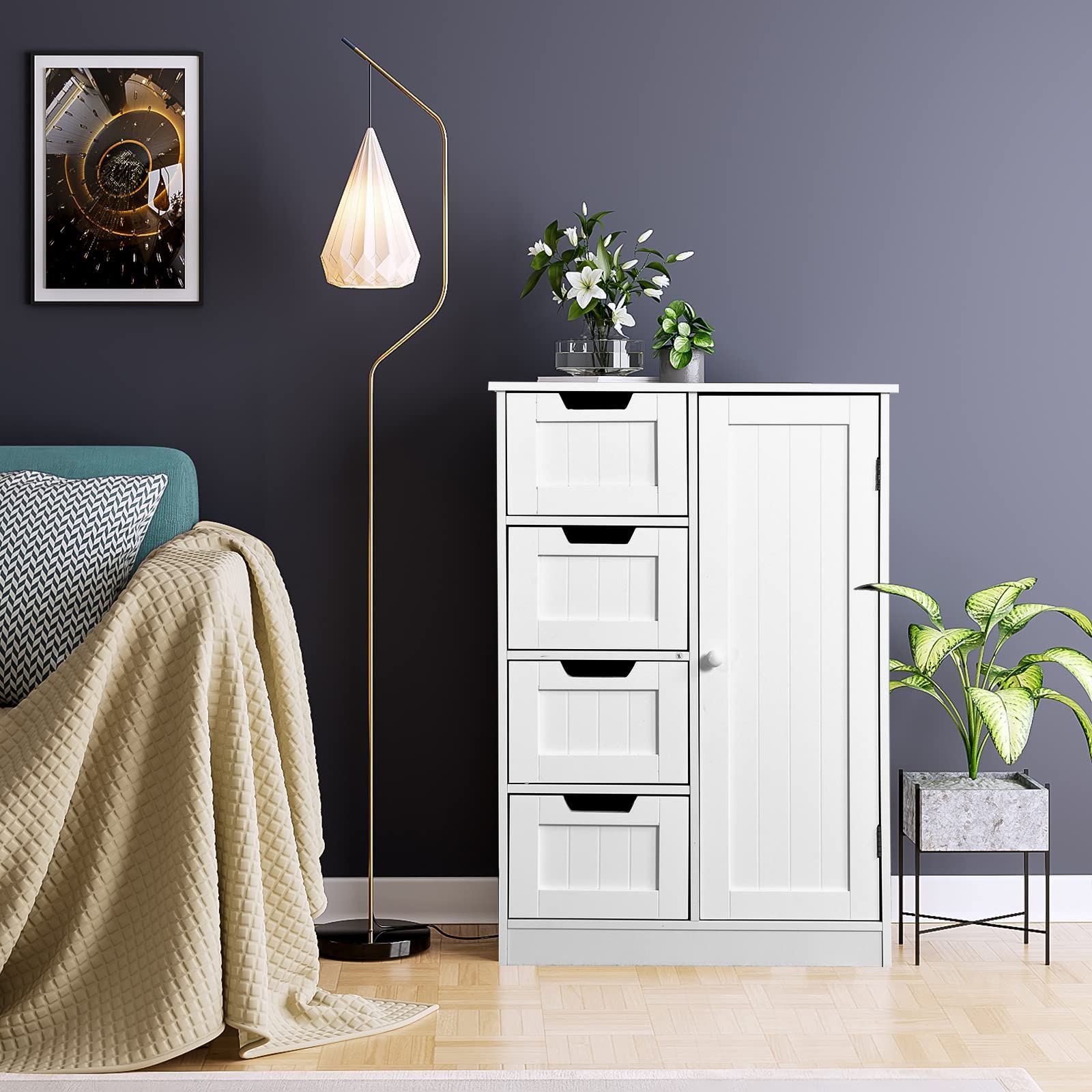 Freestanding Bathroom Cabinet with Adjustable Shelf & 4 Drawers - White Storage Cupboard for Bathroom, Kitchen, Living Room | Space-Saving Organizer for Towels, Toiletries & Household Items