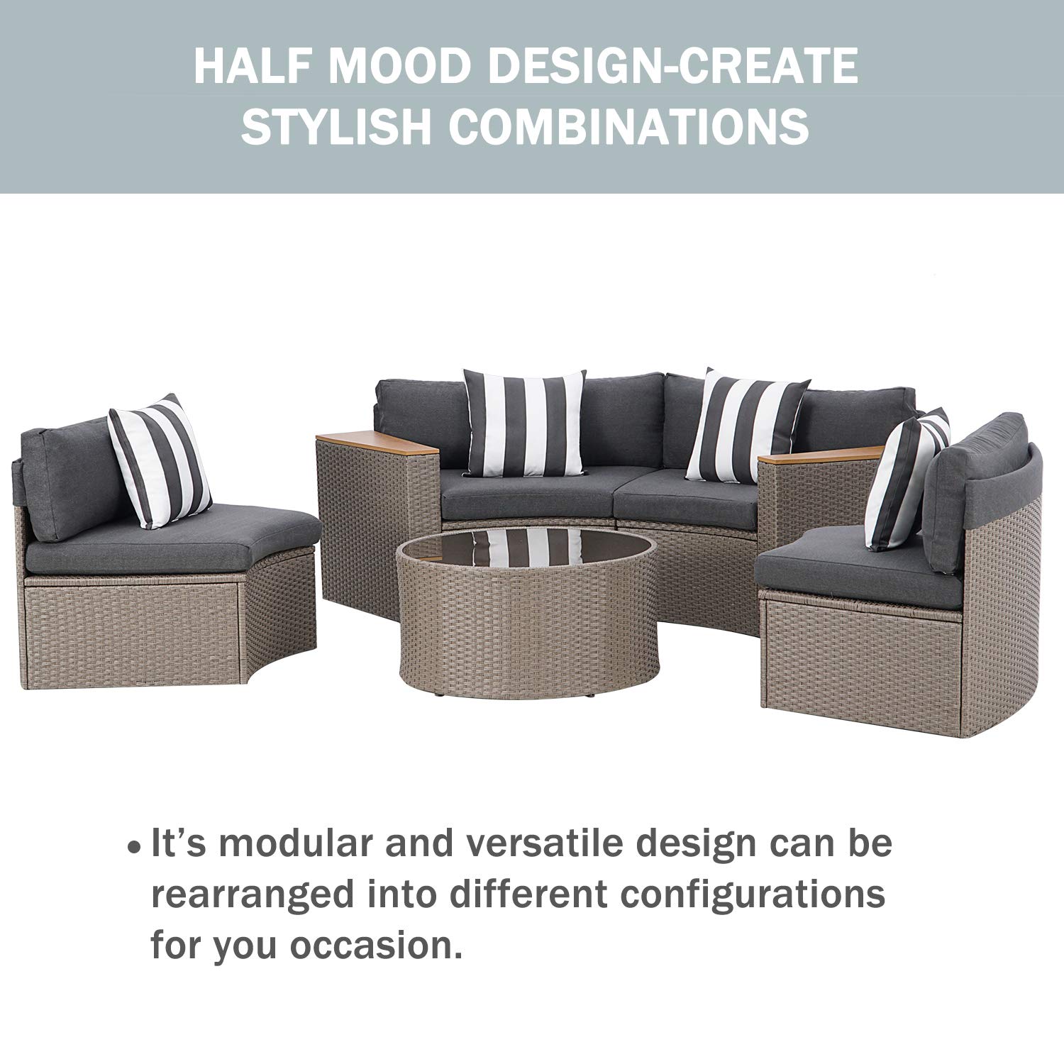 SUNCROWN 5-Piece Outdoor Half Moon Sectional Sofa Set with Round Table & Thick Cushions - All-Weather Wicker Patio Furniture for Garden, Backyard, Poolside (Dark Grey) | Perfect for Outdoor Entertaining & Relaxation