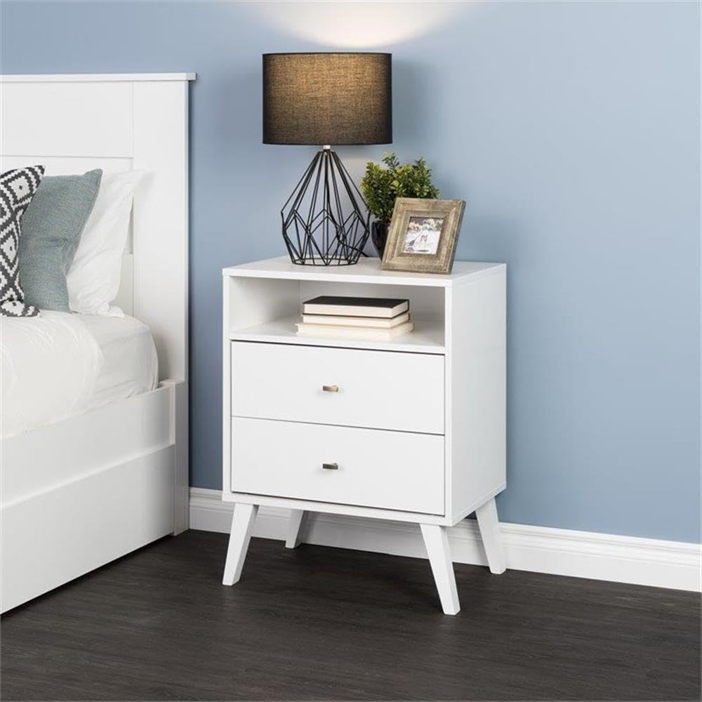 Mid Century Modern Nightstand Set of 2 - White 2-Drawer Tall Bedside Table for Bedroom, Living Room & Guest Room - Home Square Furniture