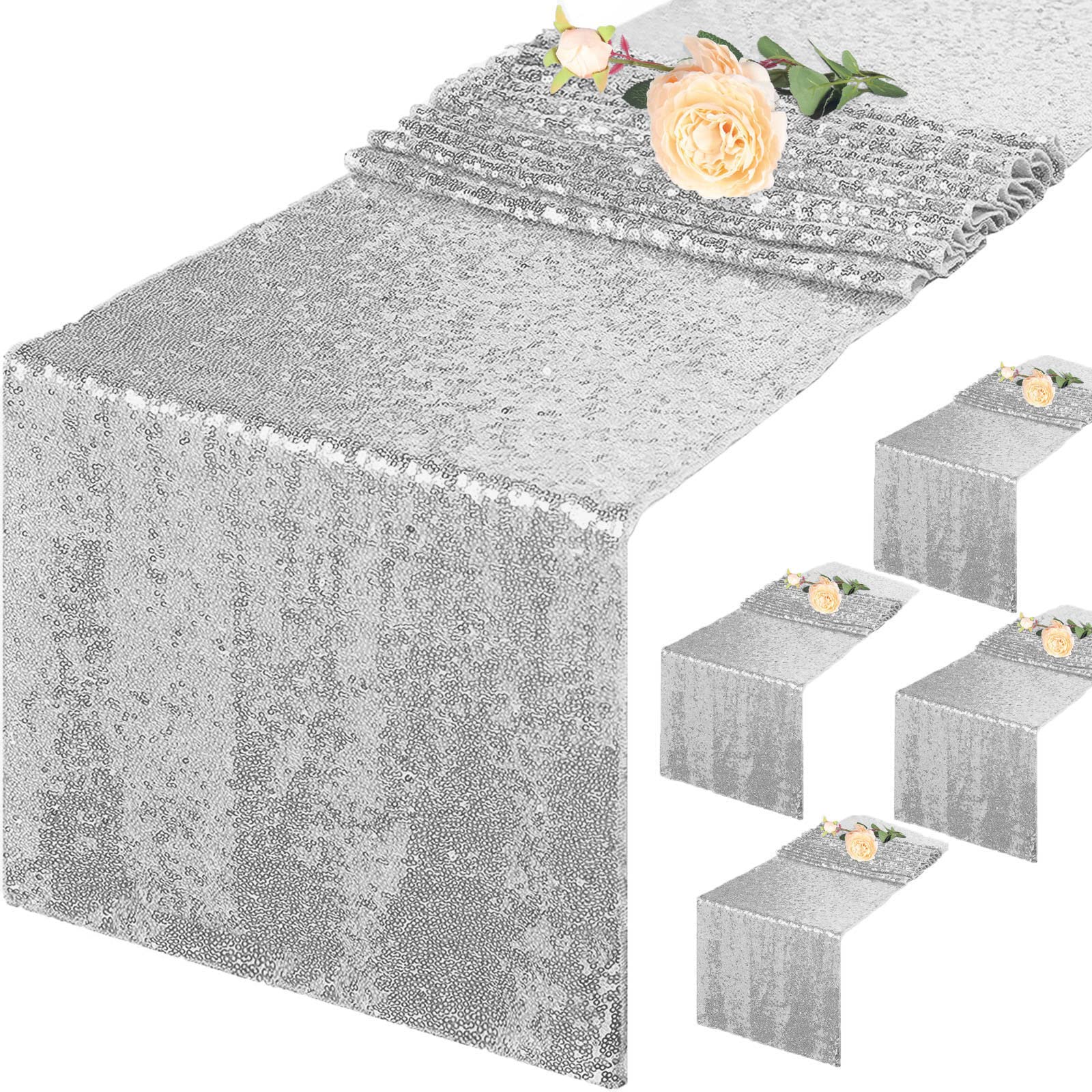 5-Pack Silver Sequin Table Runner 120 Inches Long - Shimmer Glitter Table Runners for Wedding, Party & Dining Table Decor - Perfect for Holiday Celebrations, Anniversary Dinners & Special Events
