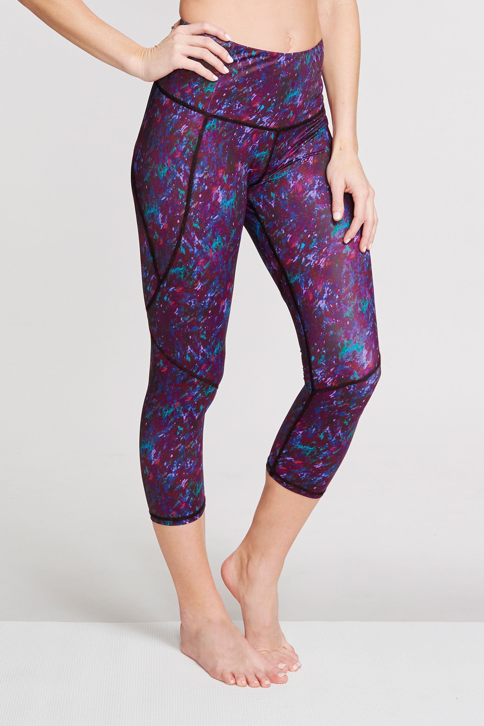 High Waisted Slimming Capri Leggings for Women - Moving Waters Berry Print - Tummy Control Workout Yoga Pants for Running, Gym & Lounge Wear