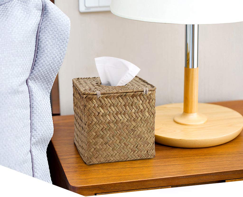 Sumnacon Square Seagrass Tissue Box Cover with Lid - Woven Rustic Cube Tissue Holder for Bathroom, Bedroom, Living Room, Kitchen, Office & Car - Perfect for Home Decor and Gift Giving (Yellow)