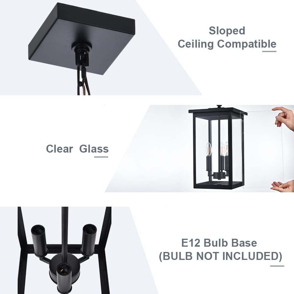 Black Outdoor Pendant Lantern - E12 Candle Chandelier with 3 Lights - Large Exterior Hanging Light Fixture with Clear Glass & Adjustable Height - Perfect for Indoor Entryway, Porch, Patio & Garden Lighting