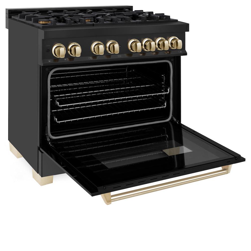 ZLINE Autograph Edition 36-inch Black Stainless Steel Dual Fuel Range with Range Hood & Dishwasher - Professional Kitchen Package with Polished Gold Accents (3AKP RABRHDWV36 G) | Perfect for Gourmet Cooking & Luxury Home Renovations