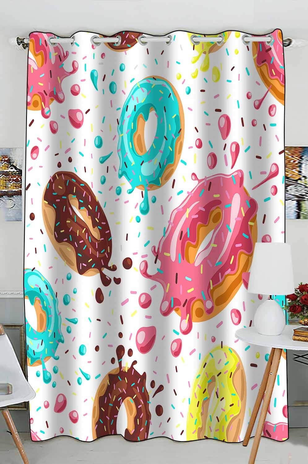 ABPHQTO Donut Print Window Curtain - Chocolate, Lemon & Blue Mint Glaze Design, 52x84 Inches Kitchen Drapes Panel (1 Piece) - Perfect for Coffee Shops, Bakeries & Sweet-Themed Home Decor